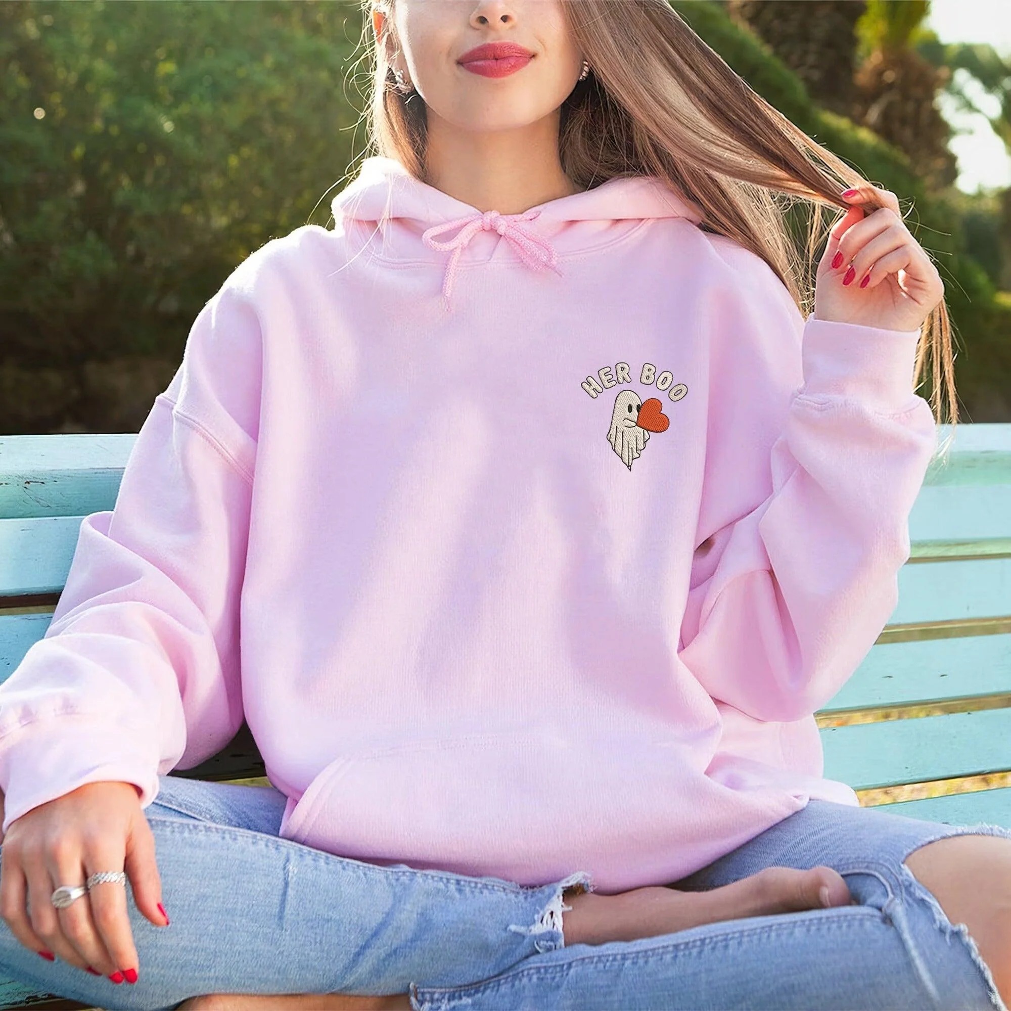His Boo Her Boo Ghost Embroidered Couple Sweatshirt Halloween Matching Outfit