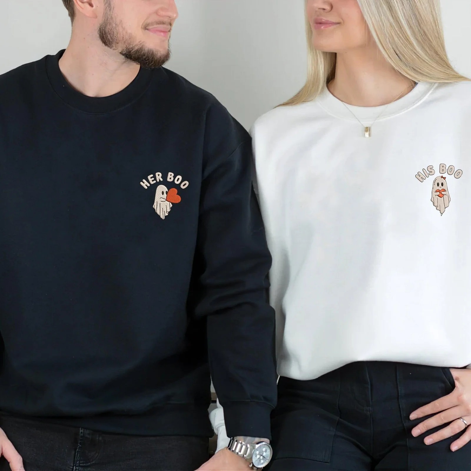 His Boo Her Boo Ghost Embroidered Couple Sweatshirt Halloween Matching Outfit