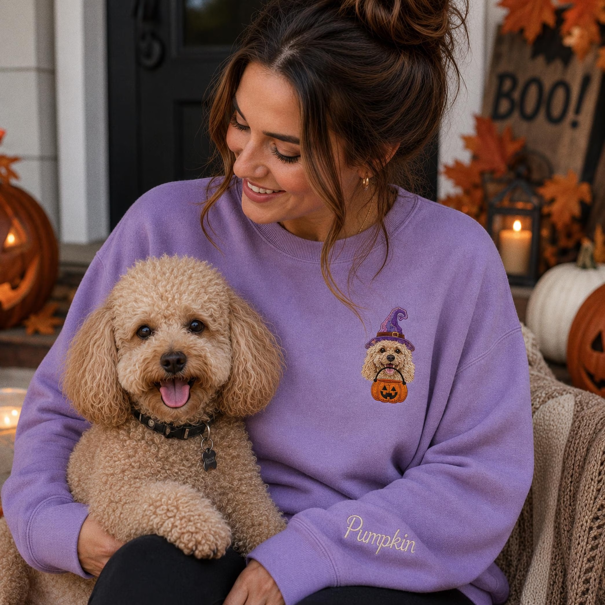 Custom Pet Portrait Embroidered Sweatshirt, Halloween Dog Sweatshirt, Personalized Cat Photo Tee, Spooky Dog Mom Gift, Custom Dog Crewneck