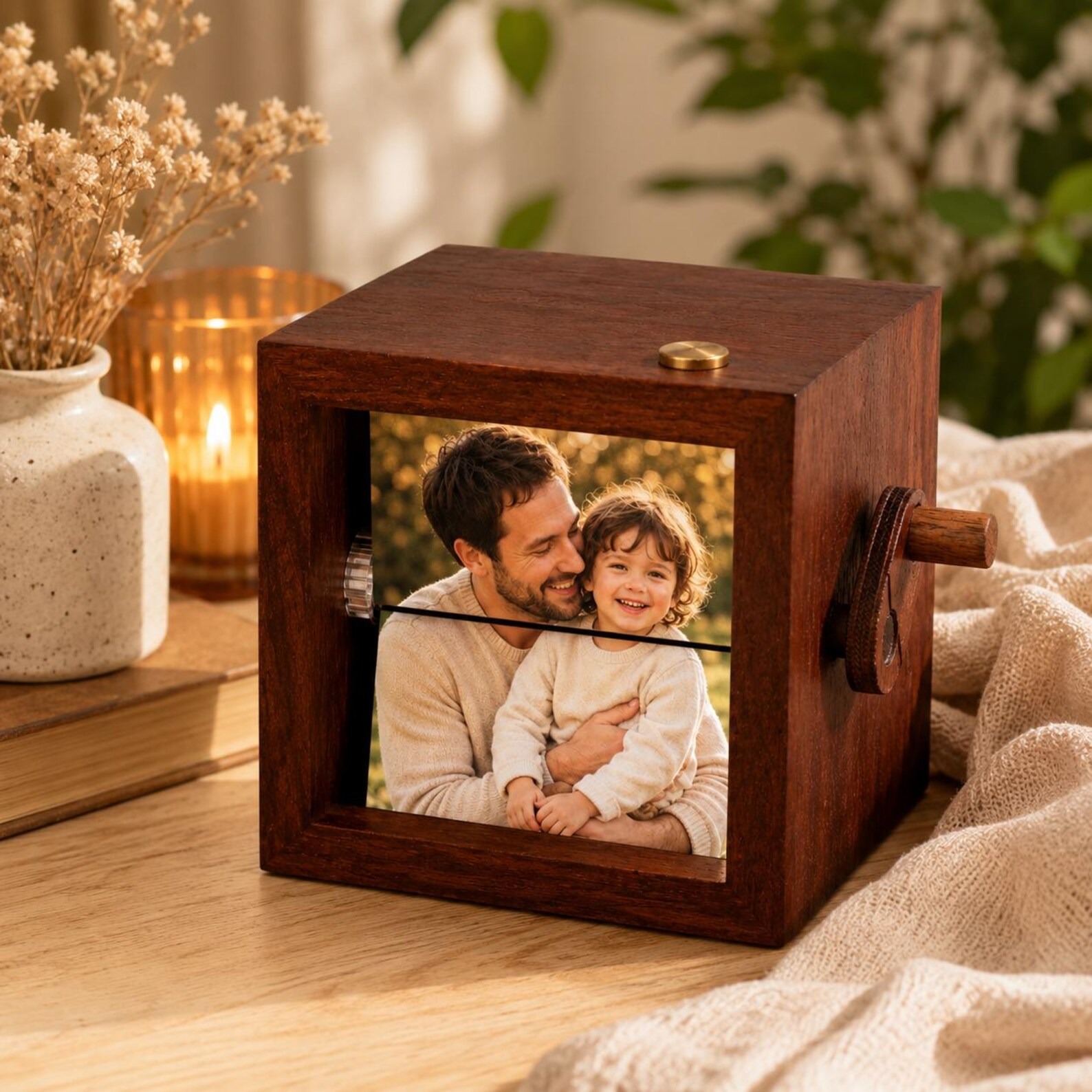 Custom Wooden Flipbook Photo Frame – Hand-Cranked Memory Keepsake with Light 