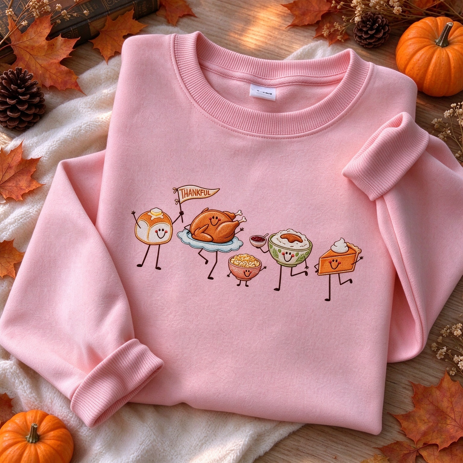 Cute Thankful Thanksgiving Food Parade Embroidered Sweatshirt