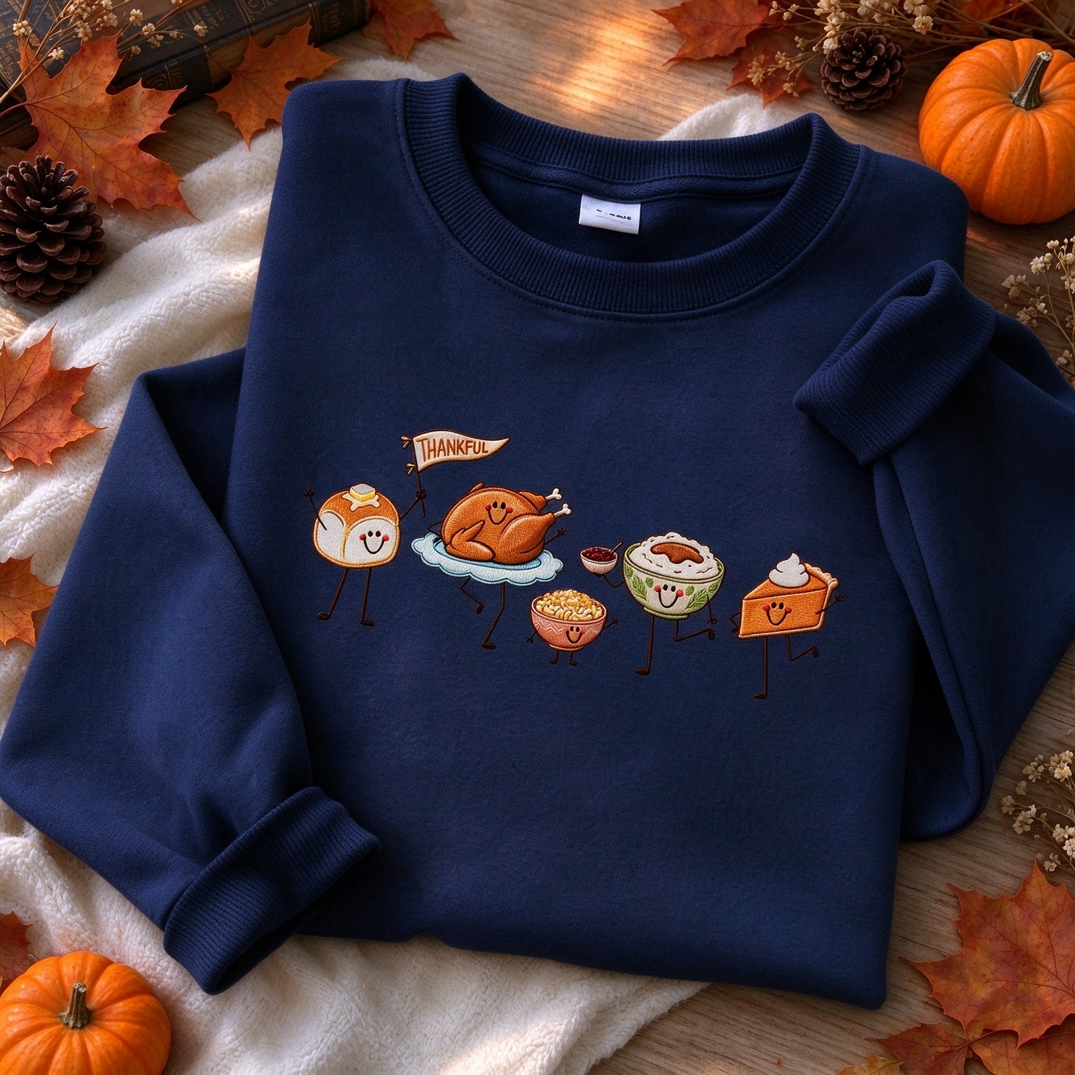 Cute Thankful Thanksgiving Food Parade Embroidered Sweatshirt