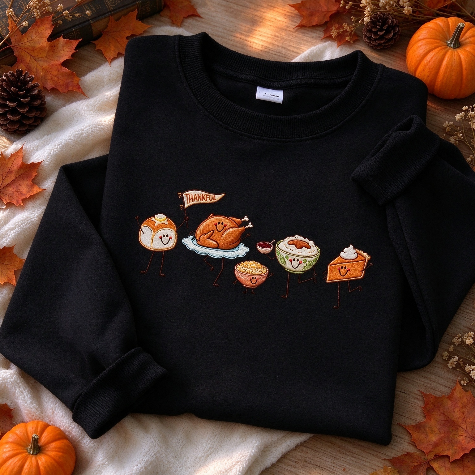 Cute Thankful Thanksgiving Food Parade Embroidered Sweatshirt