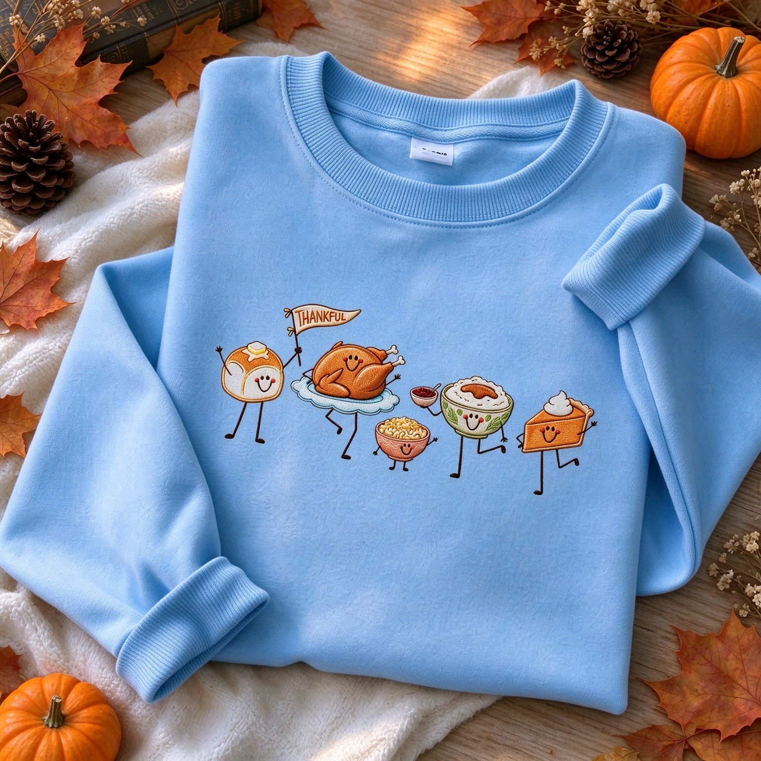 Cute Thankful Thanksgiving Food Parade Embroidered Sweatshirt
