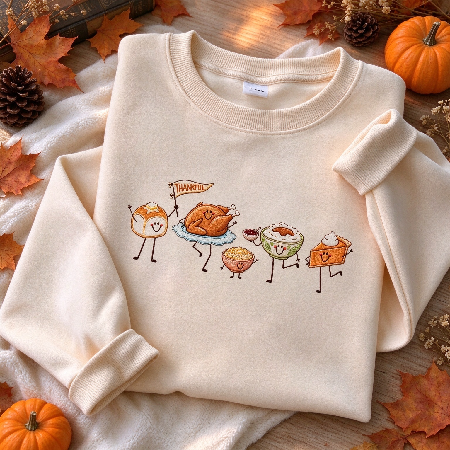 Cute Thankful Thanksgiving Food Parade Embroidered Sweatshirt