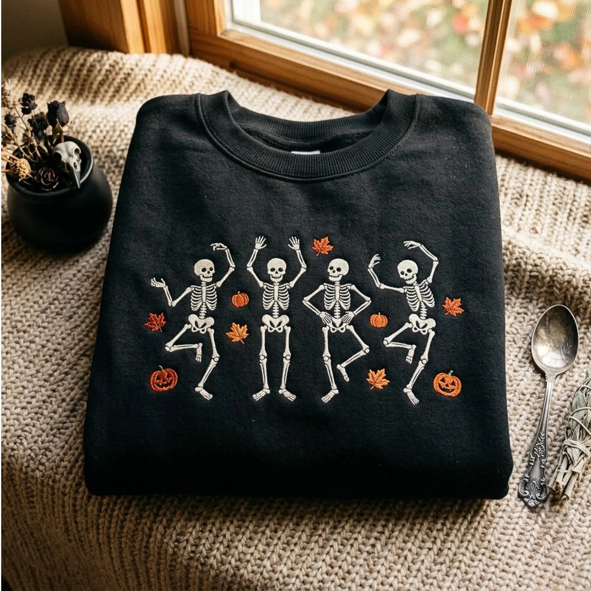 Dancing Skeleton Pumpkin Fall Halloween Embroidered Sweatshirt