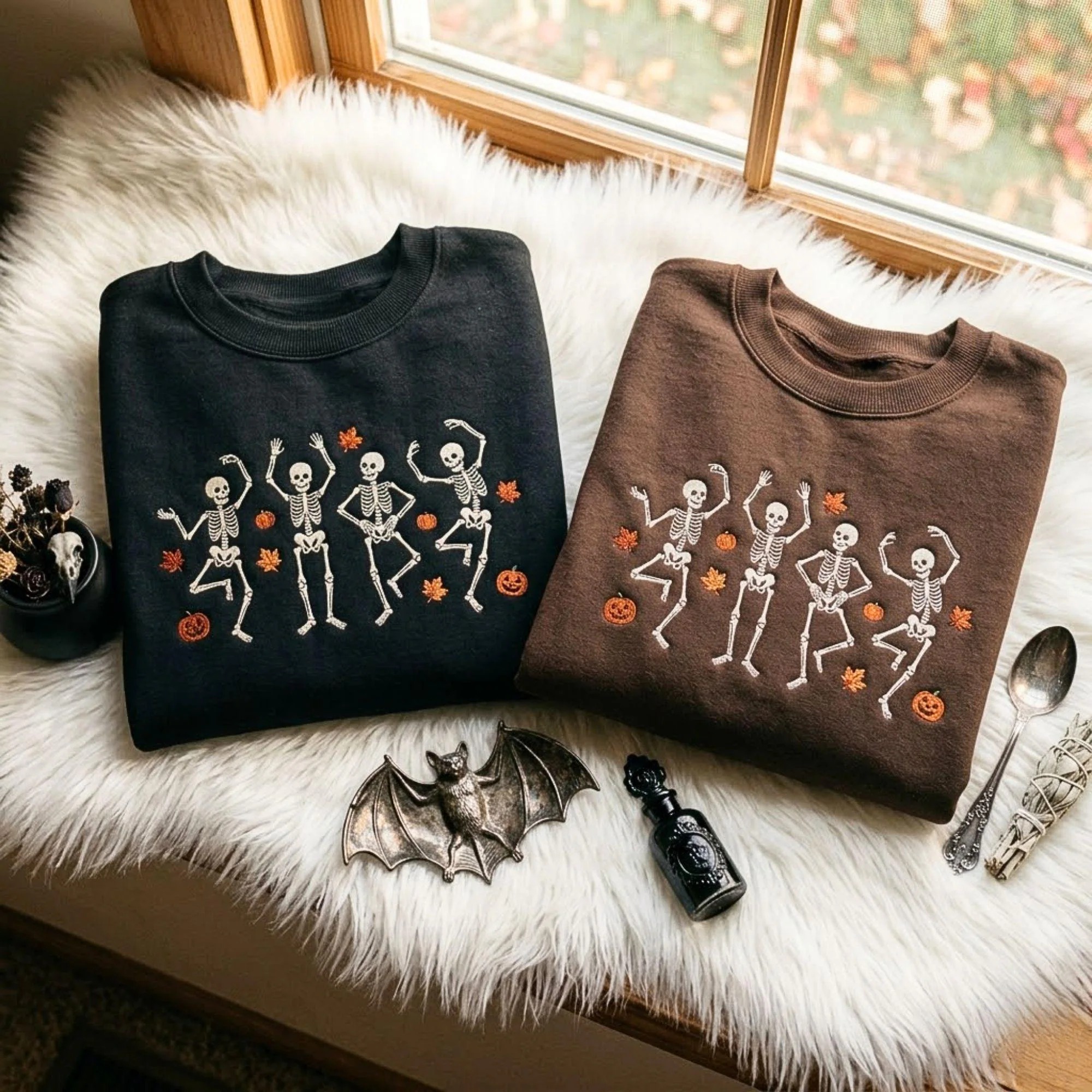 Dancing Skeleton Pumpkin Fall Halloween Embroidered Sweatshirt