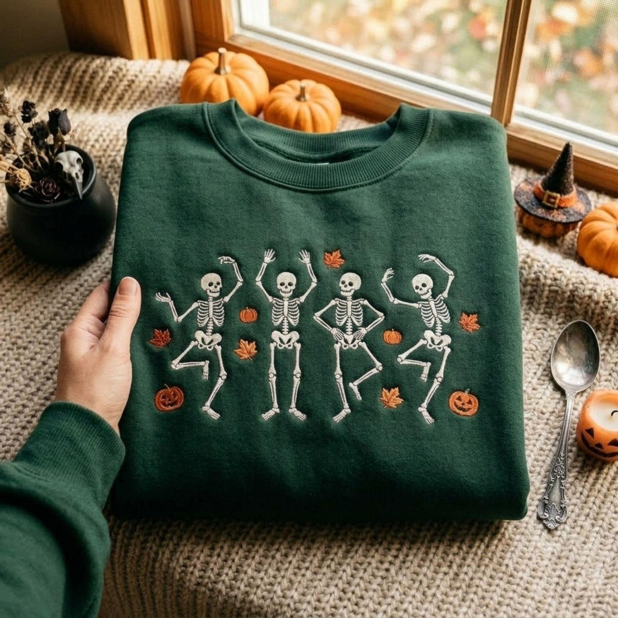 Dancing Skeleton Pumpkin Fall Halloween Embroidered Sweatshirt
