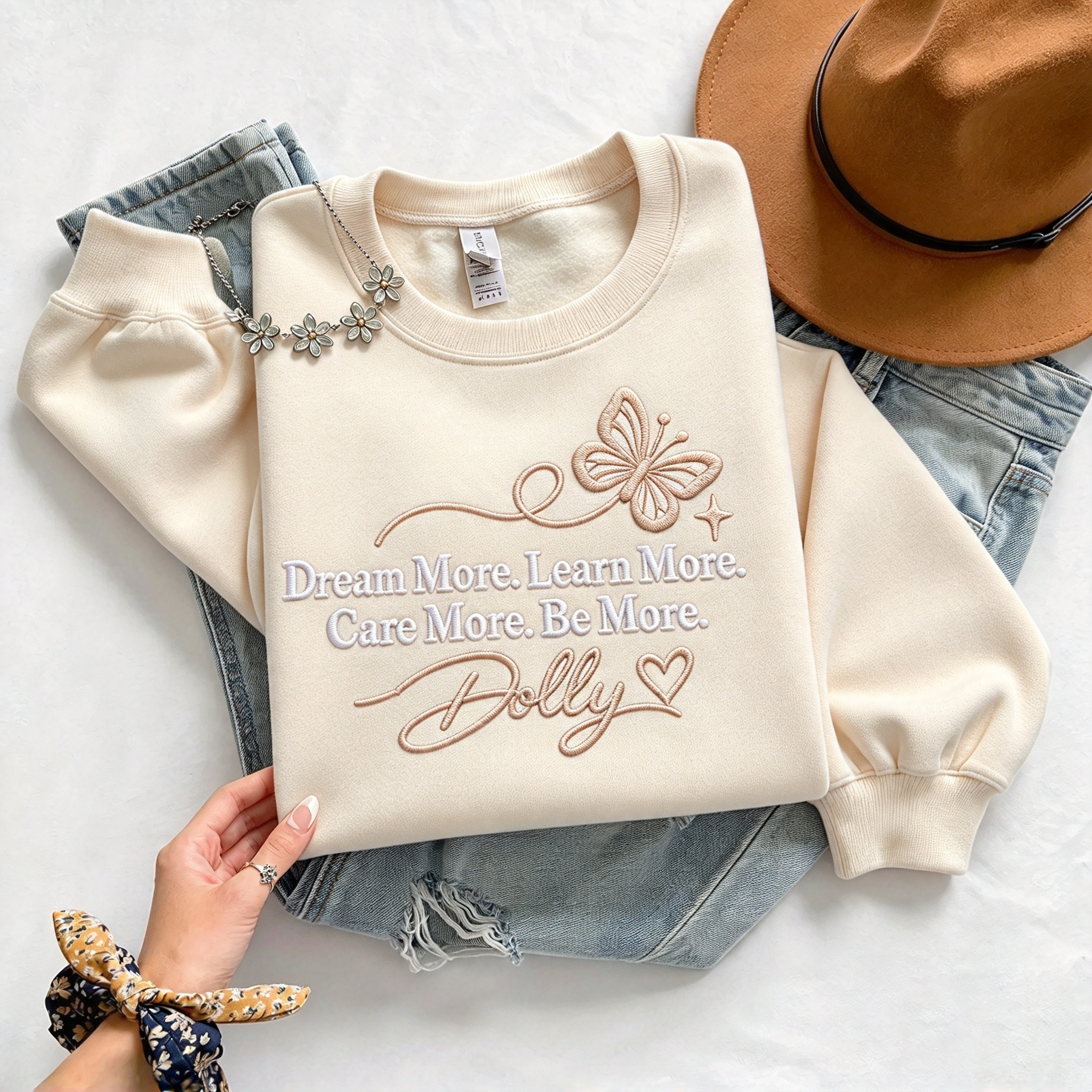 Dolly Inspirational Quote Butterfly Embroidered Sweatshirt