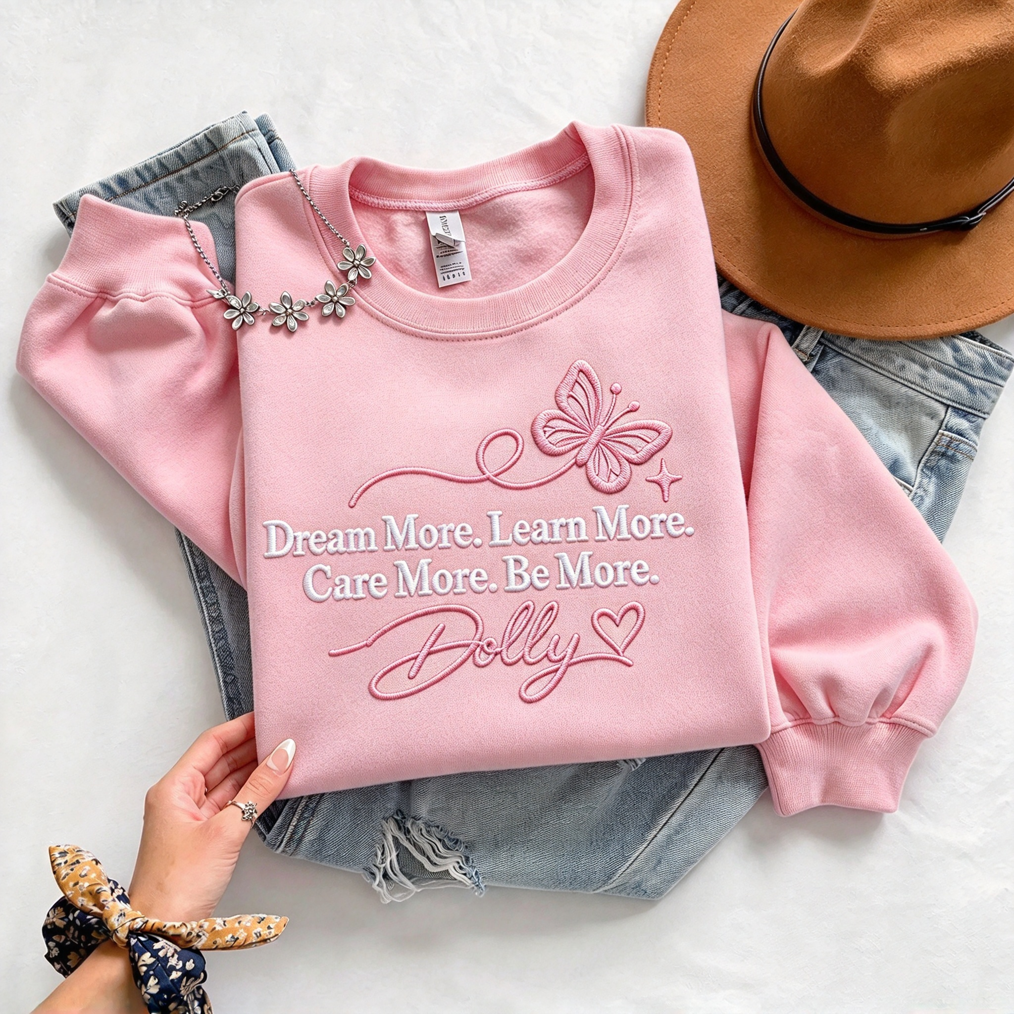 Dolly Inspirational Quote Butterfly Embroidered Sweatshirt