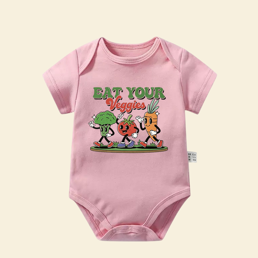 Eat Your Veggies Baby Bodysuit  Retro Cartoon Vegetable Infant Onesie