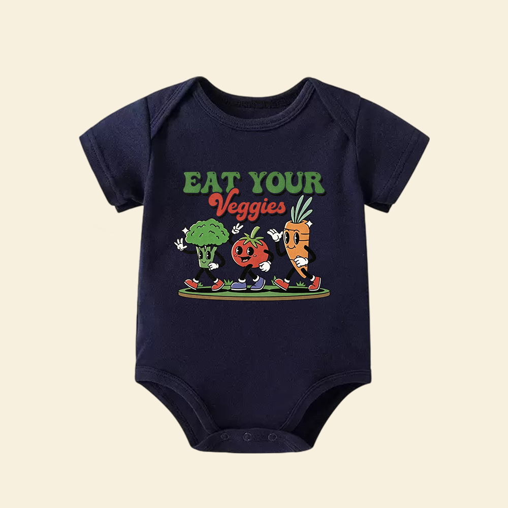 Eat Your Veggies Baby Bodysuit  Retro Cartoon Vegetable Infant Onesie