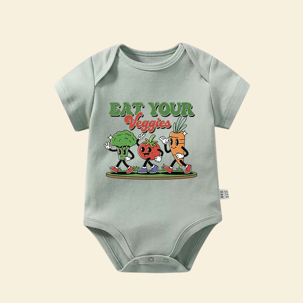 Eat Your Veggies Baby Bodysuit  Retro Cartoon Vegetable Infant Onesie