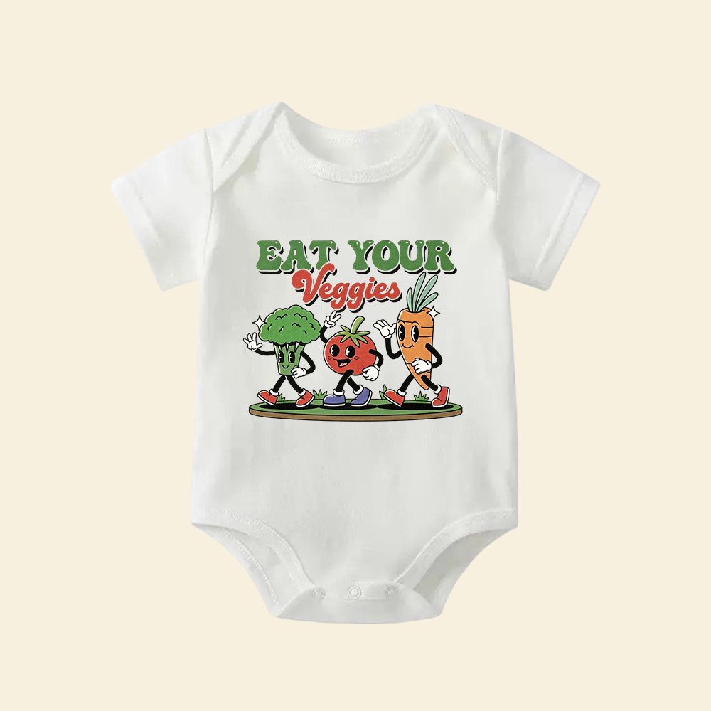 Eat Your Veggies Baby Bodysuit  Retro Cartoon Vegetable Infant Onesie