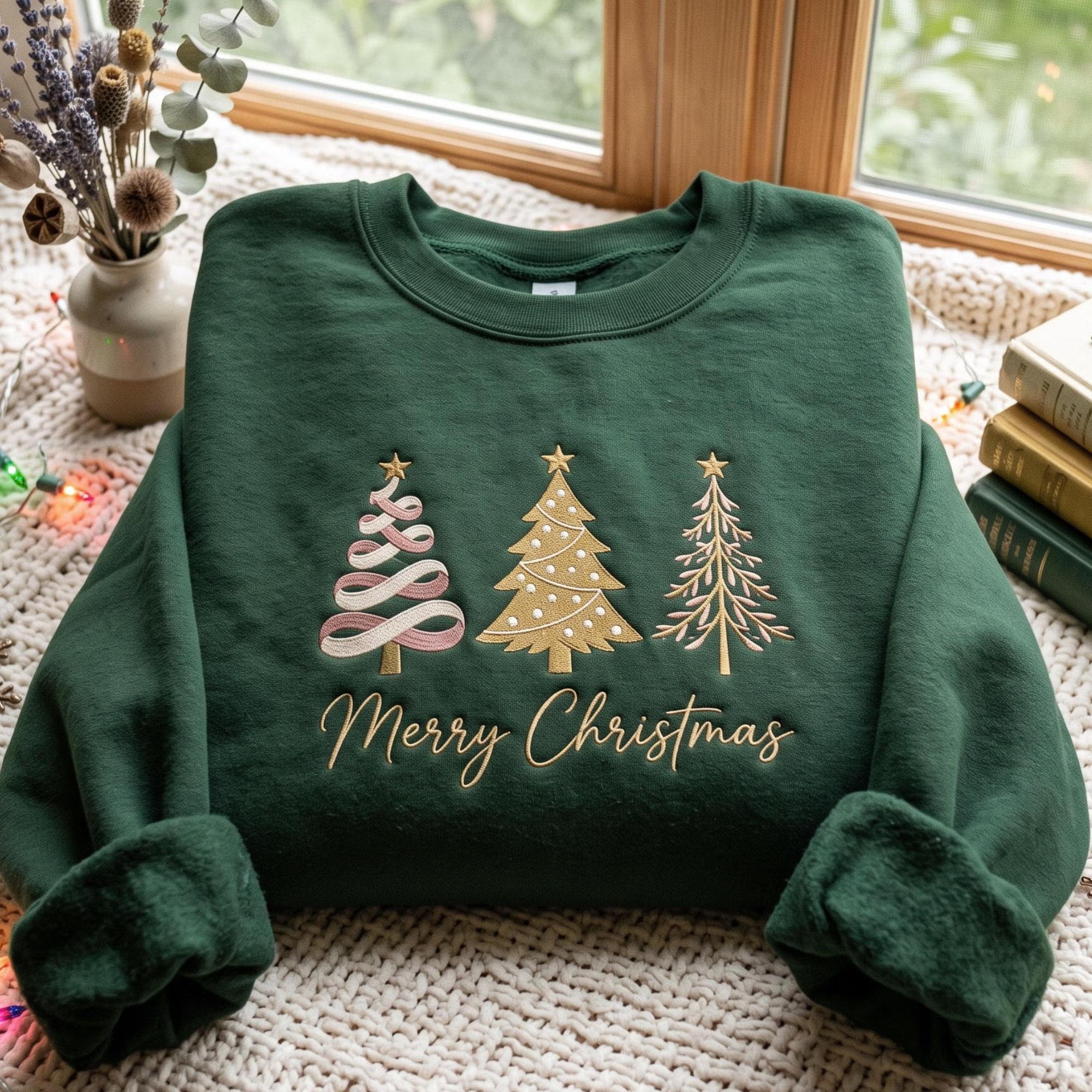 Embroidered Christmas Trees Merry Christmas Sweatshirt, Believe Festive Apparel