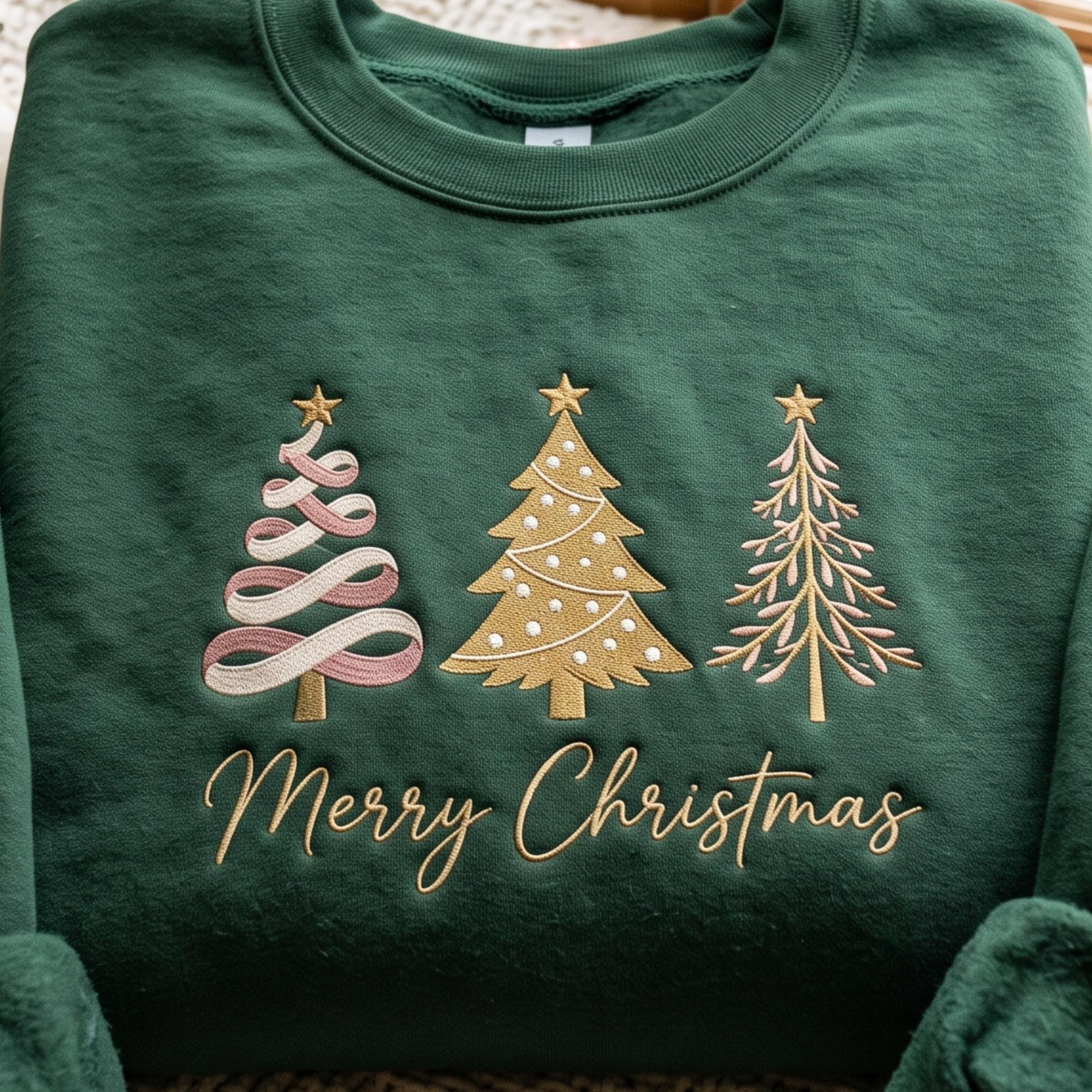 Embroidered Christmas Trees Merry Christmas Sweatshirt, Believe Festive Apparel
