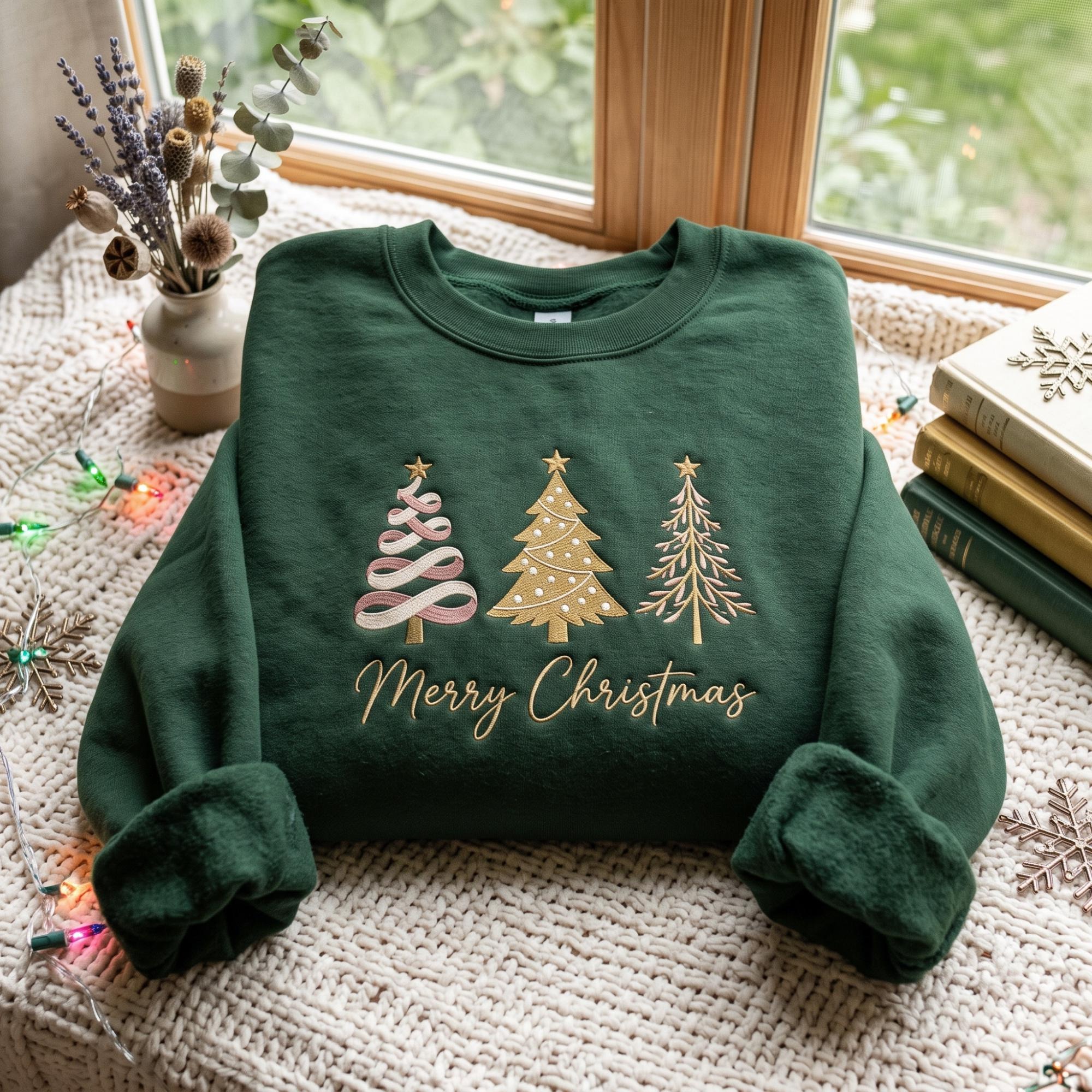Embroidered Christmas Trees Merry Christmas Sweatshirt, Believe Festive Apparel