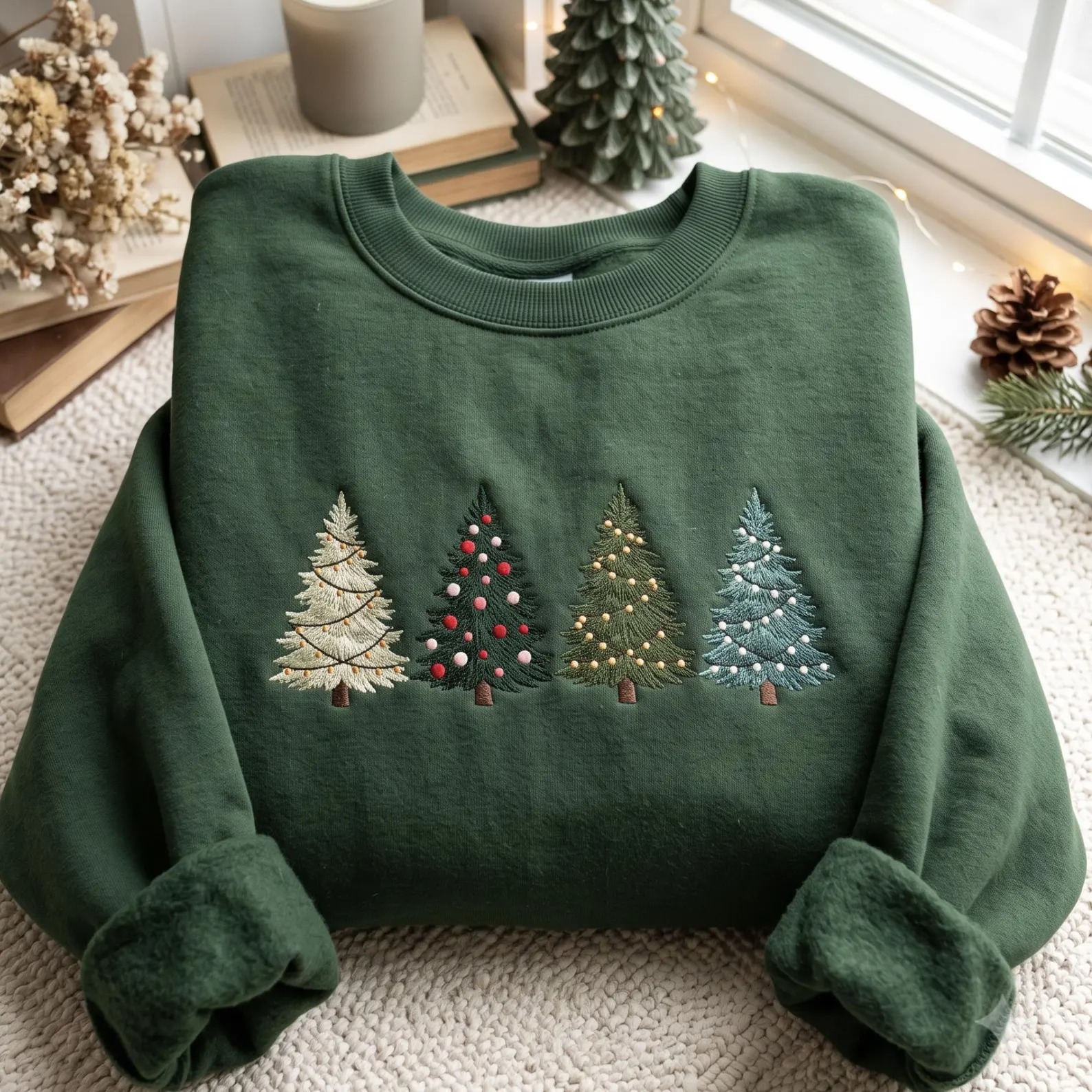 Embroidered Christmas Trees Sweatshirt, Winter Holiday Crewneck Apparel