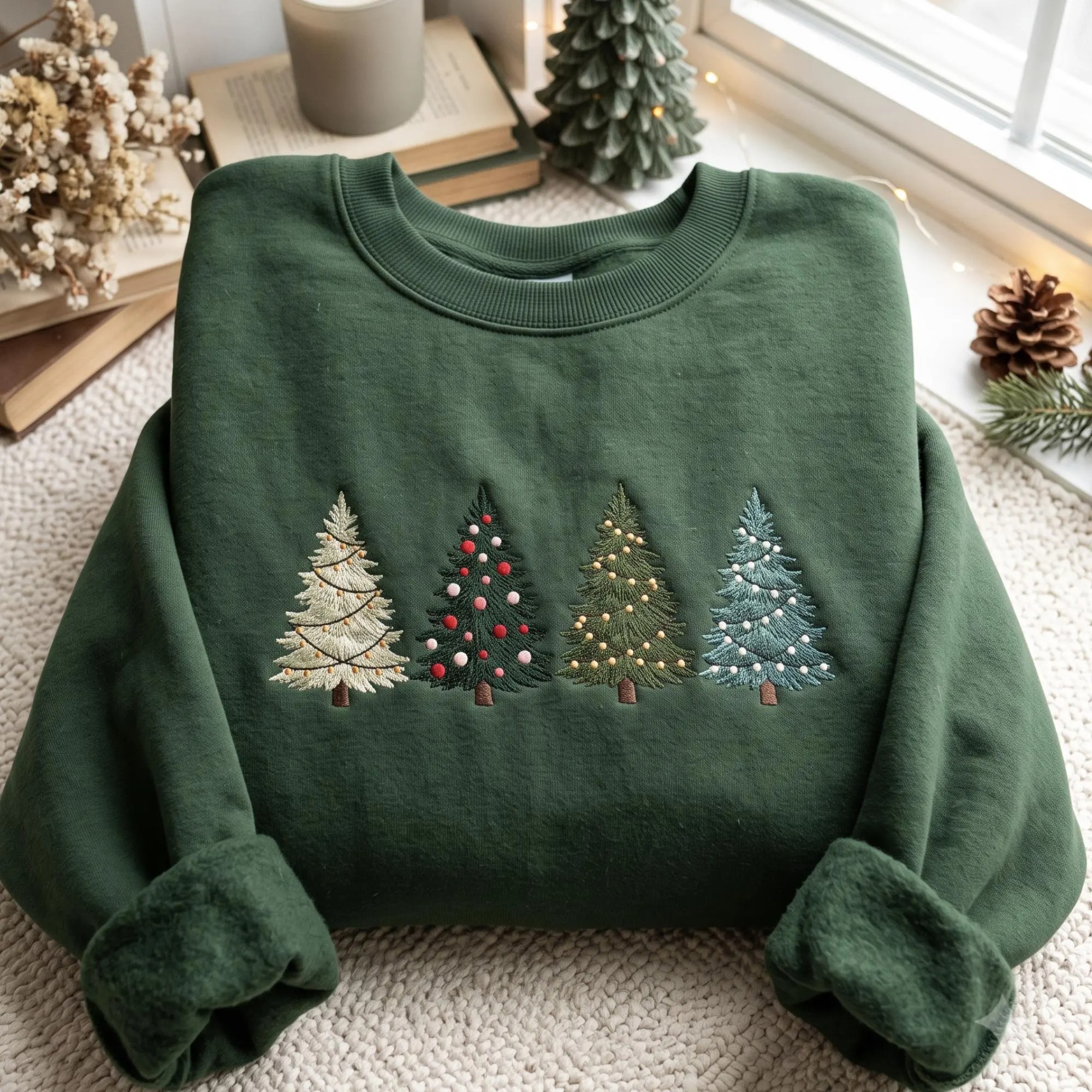 Embroidered Christmas Trees Sweatshirt, Winter Holiday Crewneck Apparel