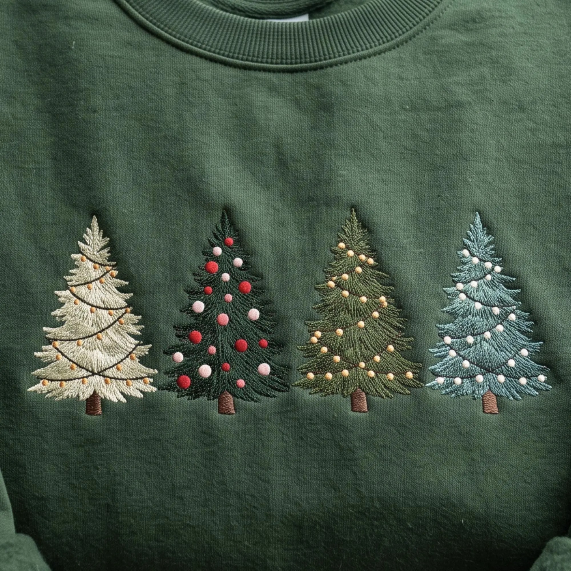 Embroidered Christmas Trees Sweatshirt, Winter Holiday Crewneck Apparel