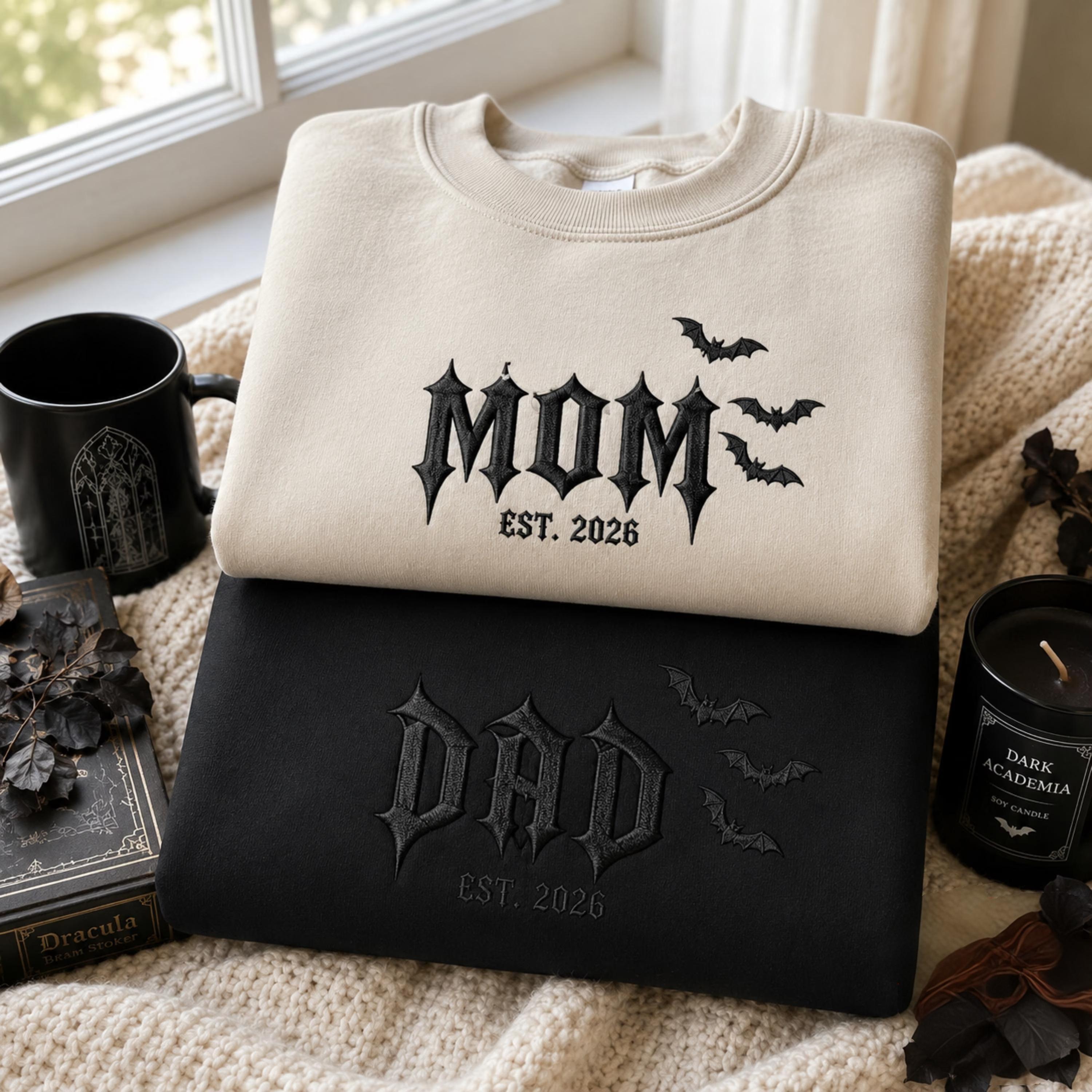 Embroidered Custom Mom & Dad Sweatshirt, Halloween Shirt, Personalized Mom Shirt With Date, Matching New Mom and Dad Gift