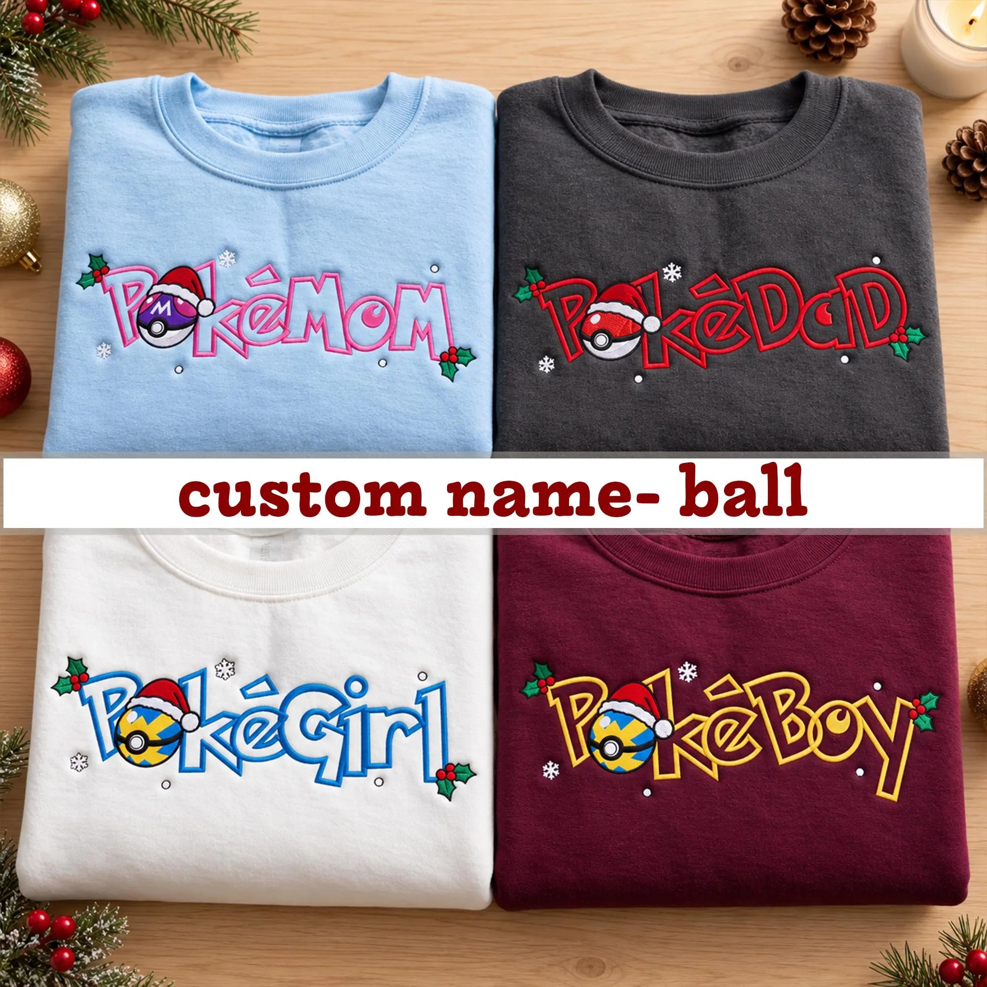 Embroidered Festive Anime Family Sweatshirt, Christmas Creature Ball Crewneck, Winter Holiday Sweater, Family Gift