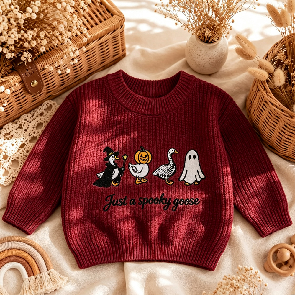 Embroidered Just A Spooky Goose Kids Knit Sweater
