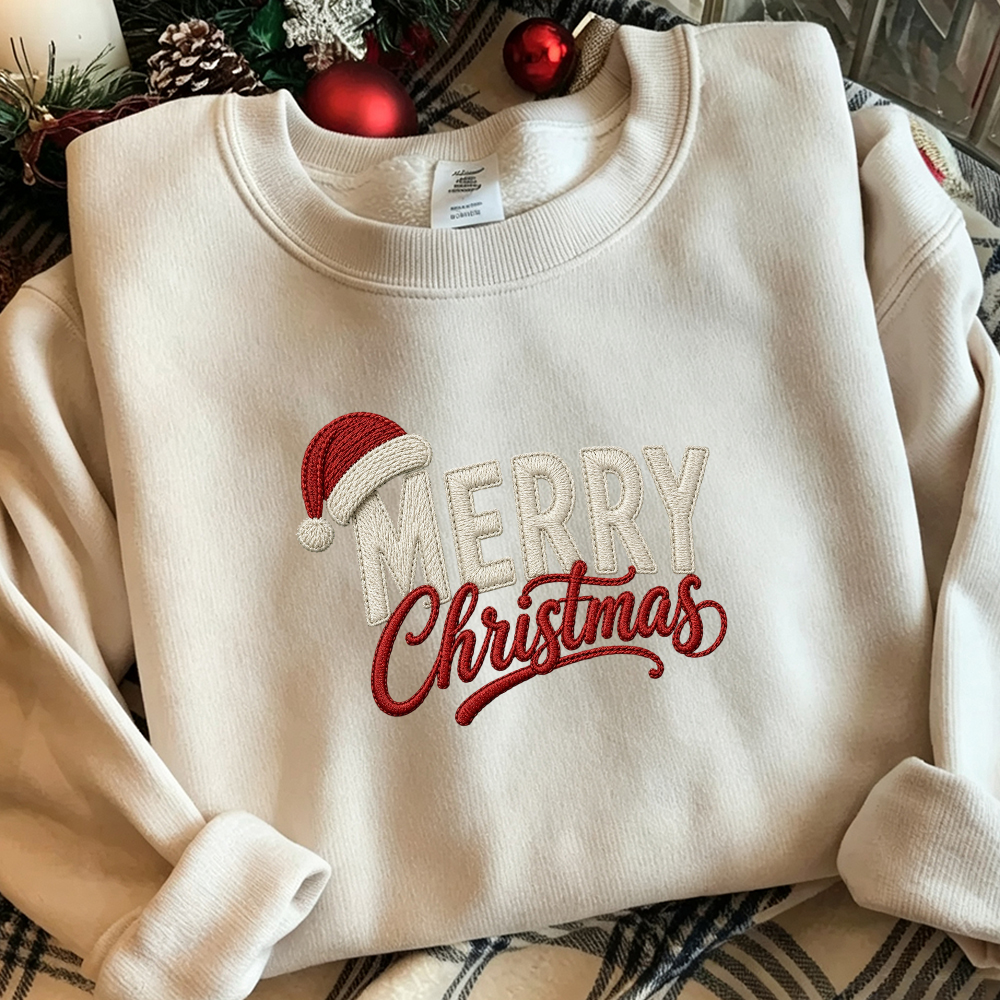 Embroidered Merry Christmas Sweatshirt With Santa Hat, Festive Holiday Crewneck Pullover