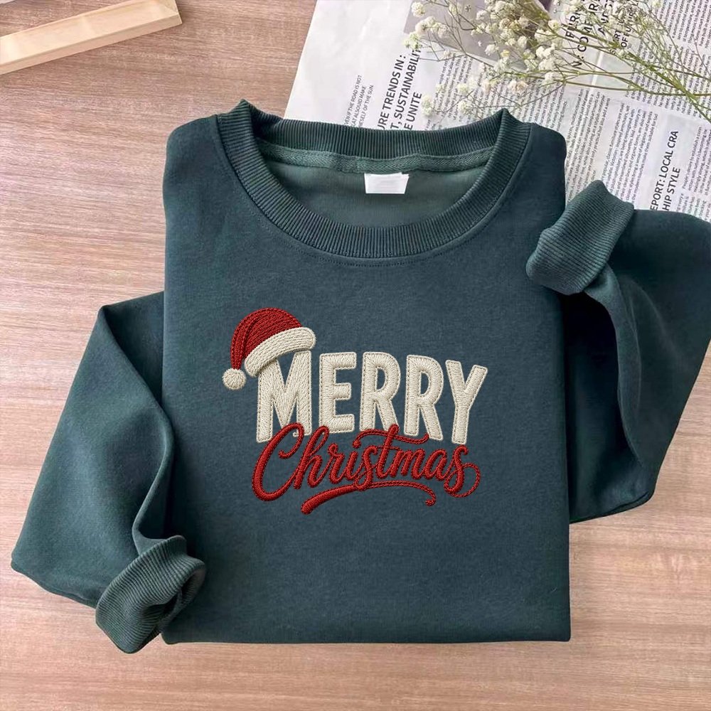 Embroidered Merry Christmas Sweatshirt With Santa Hat, Festive Holiday Crewneck Pullover