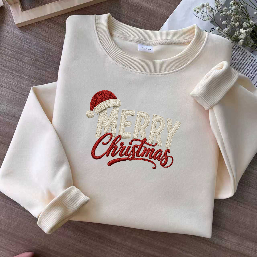 Embroidered Merry Christmas Sweatshirt With Santa Hat, Festive Holiday Crewneck Pullover