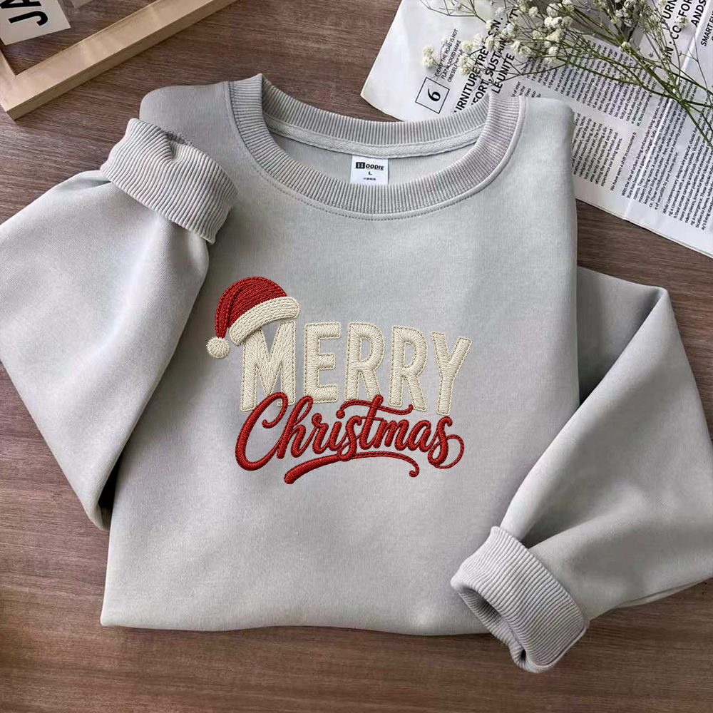 Embroidered Merry Christmas Sweatshirt With Santa Hat, Festive Holiday Crewneck Pullover