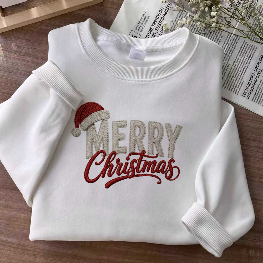 Embroidered Merry Christmas Sweatshirt With Santa Hat, Festive Holiday Crewneck Pullover