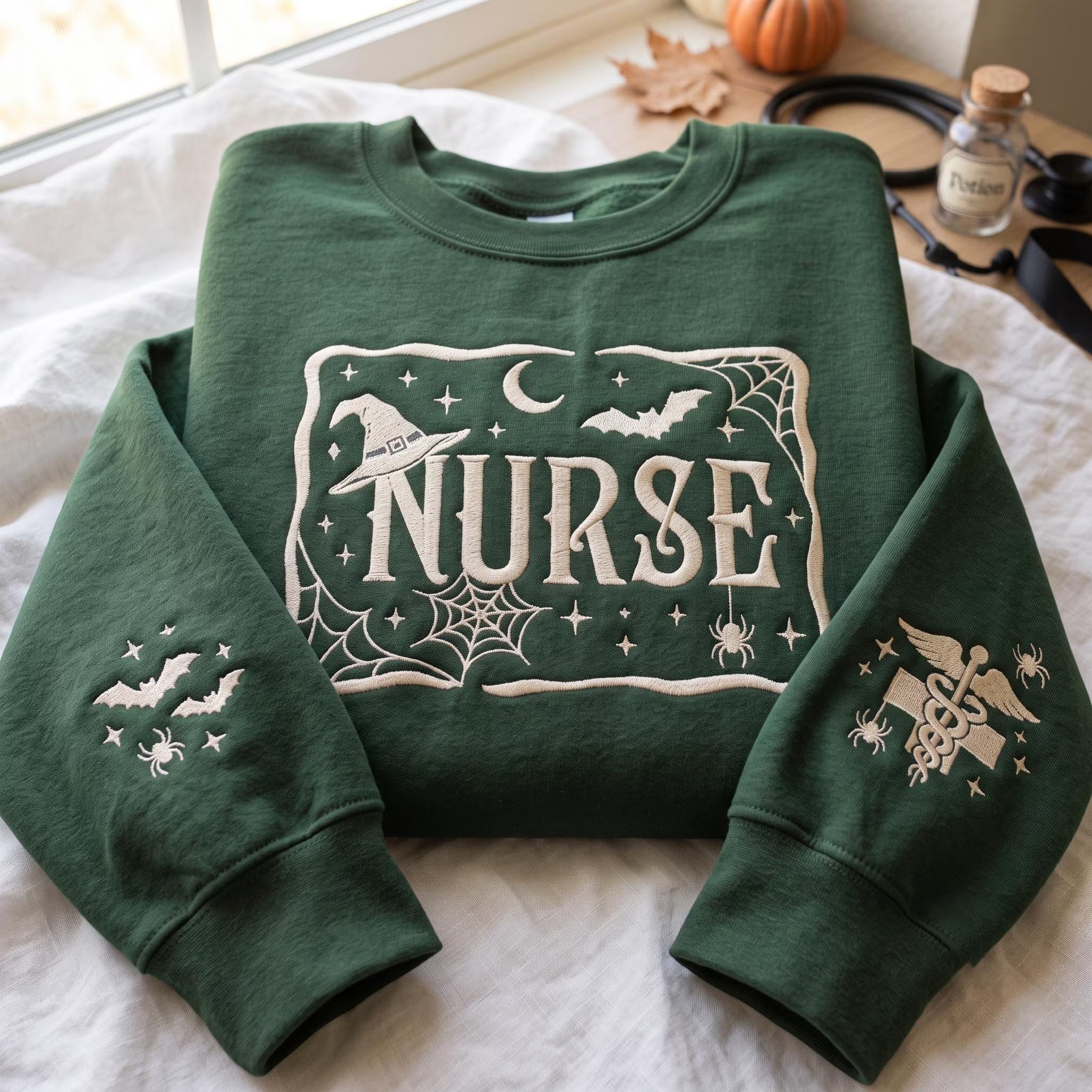 Embroidered Nurse Halloween Sweatshirt, Bat Spider Web Sleeve Embroidery, Spooky Nurse Shirt, Gothic Medical Shirt, Nurse Gift Shirt