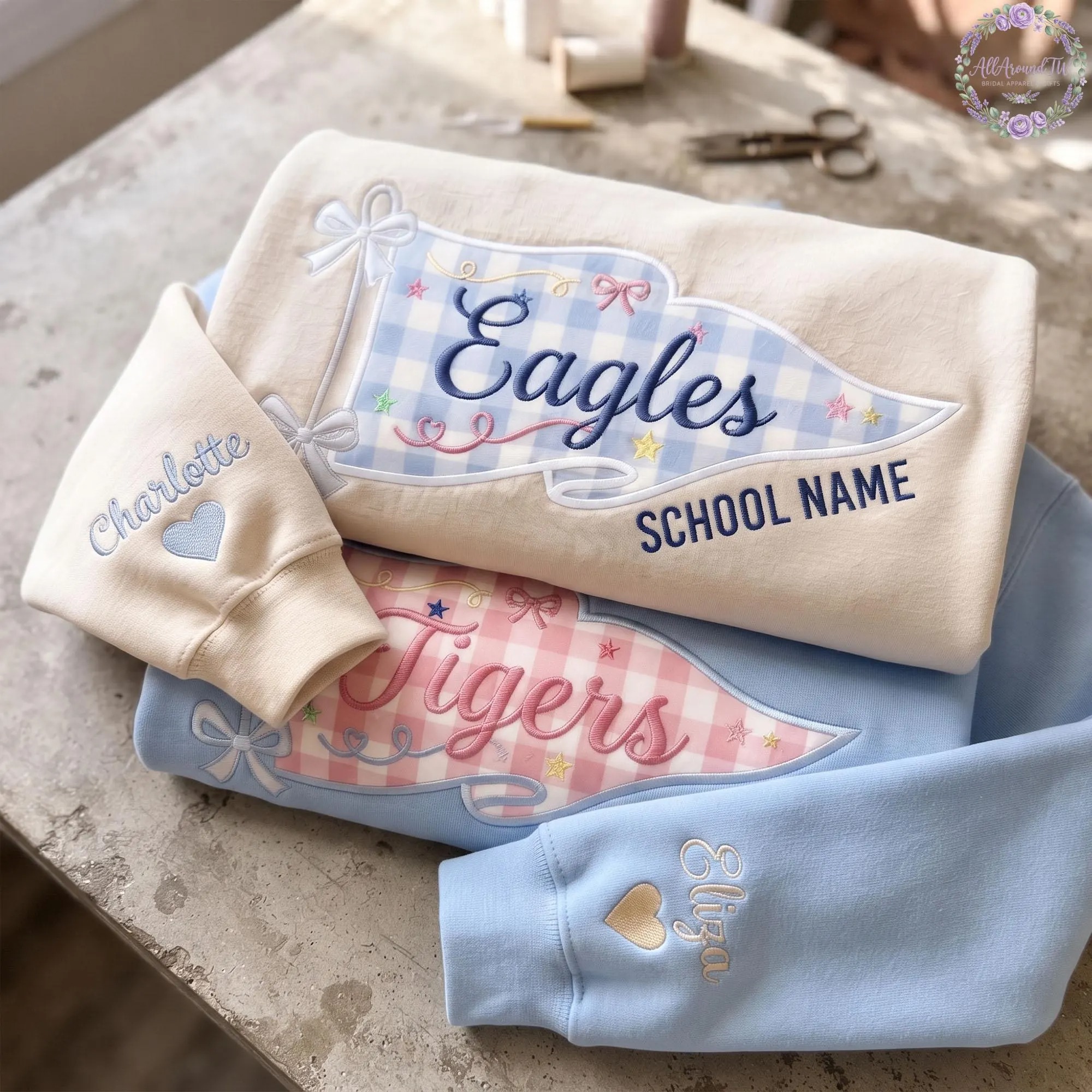 Embroidered School Spirit Gingham Sweatshirt, Custom Mascot Game Day Shirt, Gingham Applique Shirt, Back To School Tee, Varsity Letter Shirt