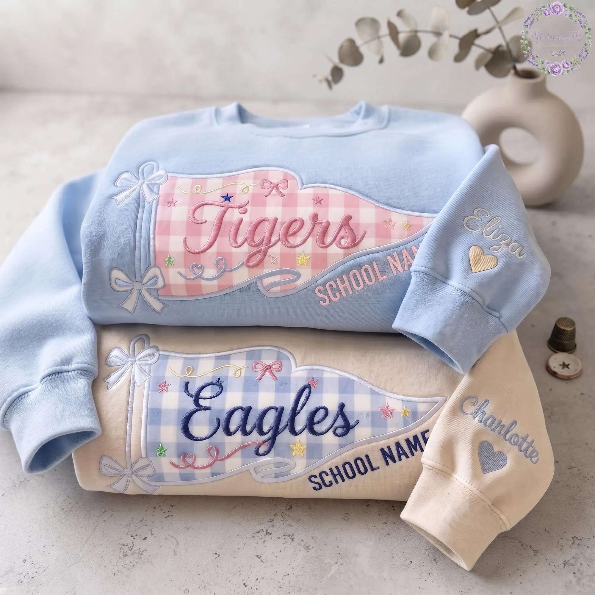 Embroidered School Spirit Gingham Sweatshirt, Custom Mascot Game Day Shirt, Gingham Applique Shirt, Back To School Tee, Varsity Letter Shirt