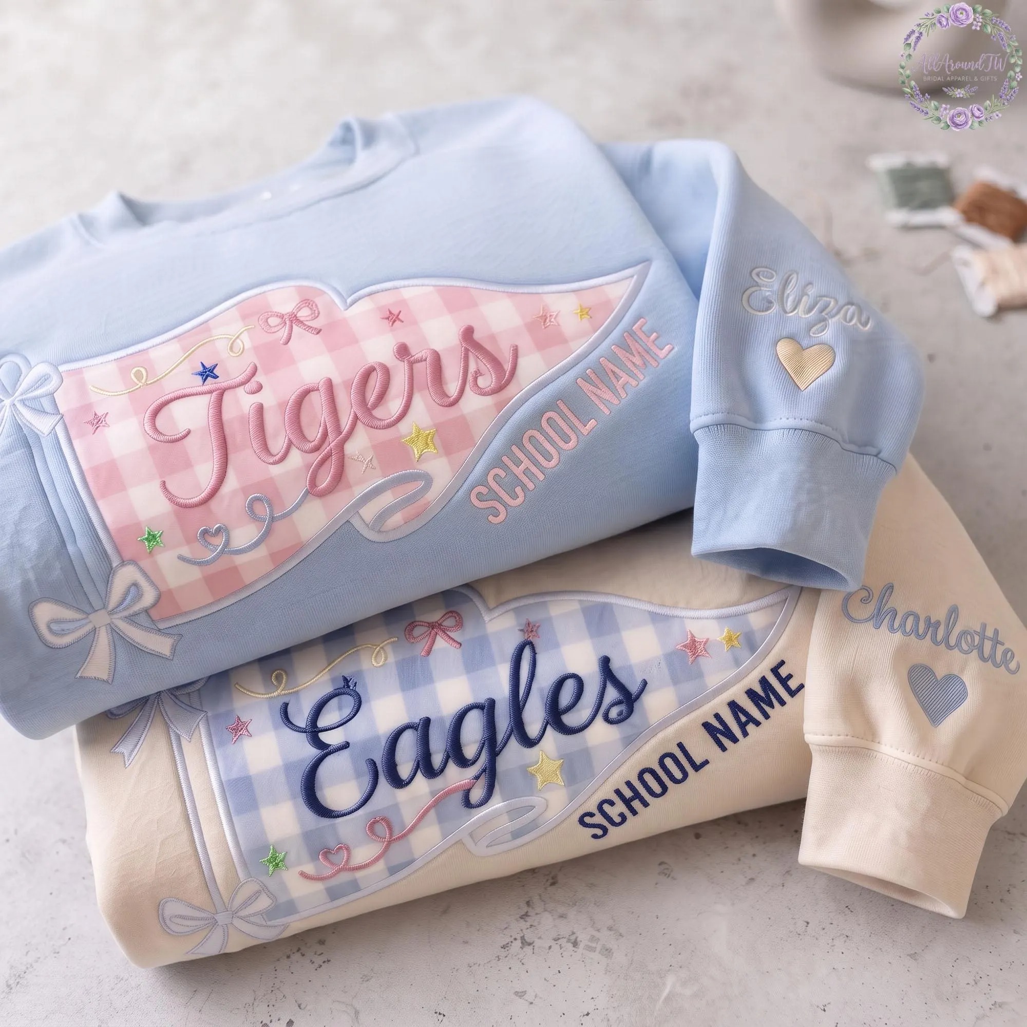 Embroidered School Spirit Gingham Sweatshirt, Custom Mascot Game Day Shirt, Gingham Applique Shirt, Back To School Tee, Varsity Letter Shirt