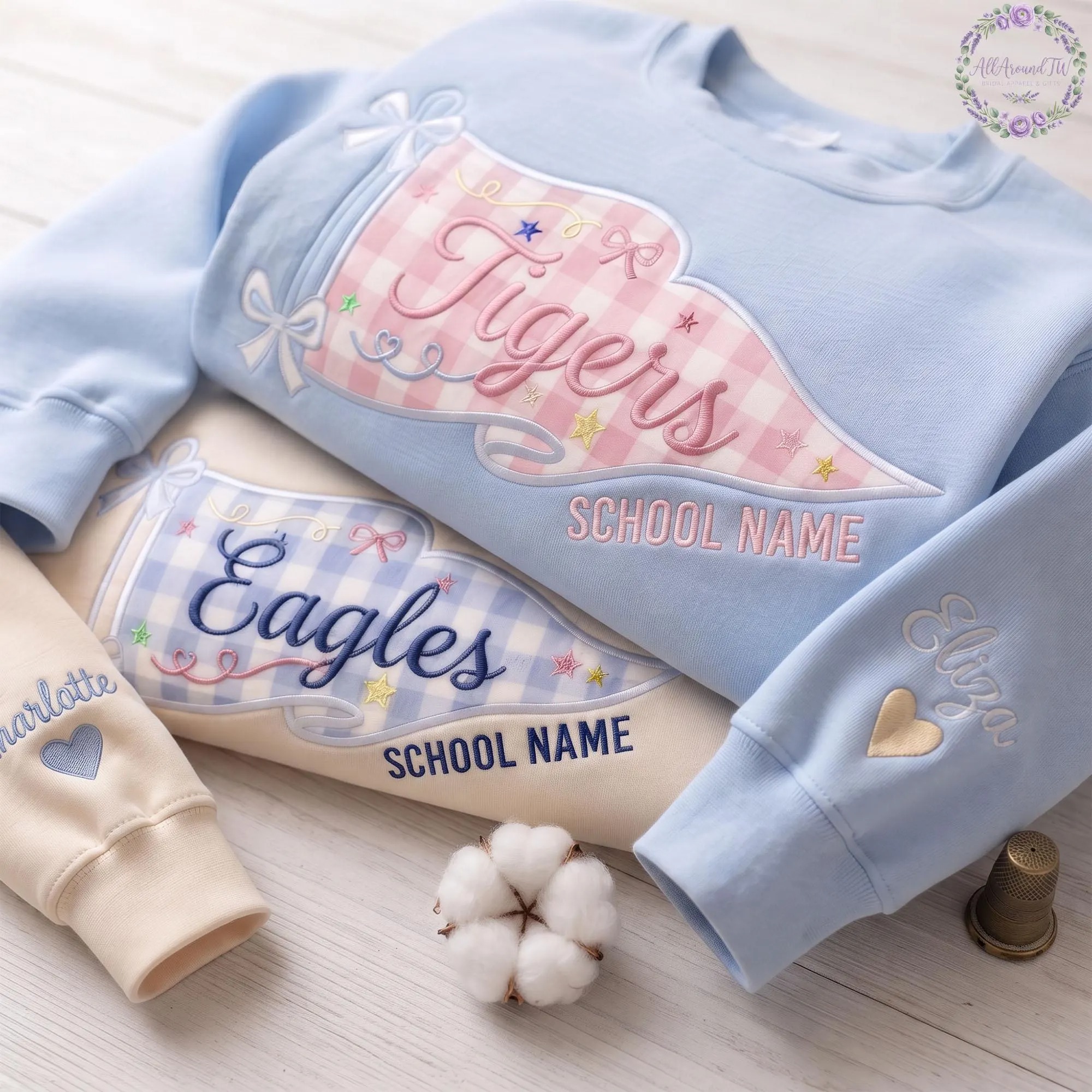 Embroidered School Spirit Gingham Sweatshirt, Custom Mascot Game Day Shirt, Gingham Applique Shirt, Back To School Tee, Varsity Letter Shirt