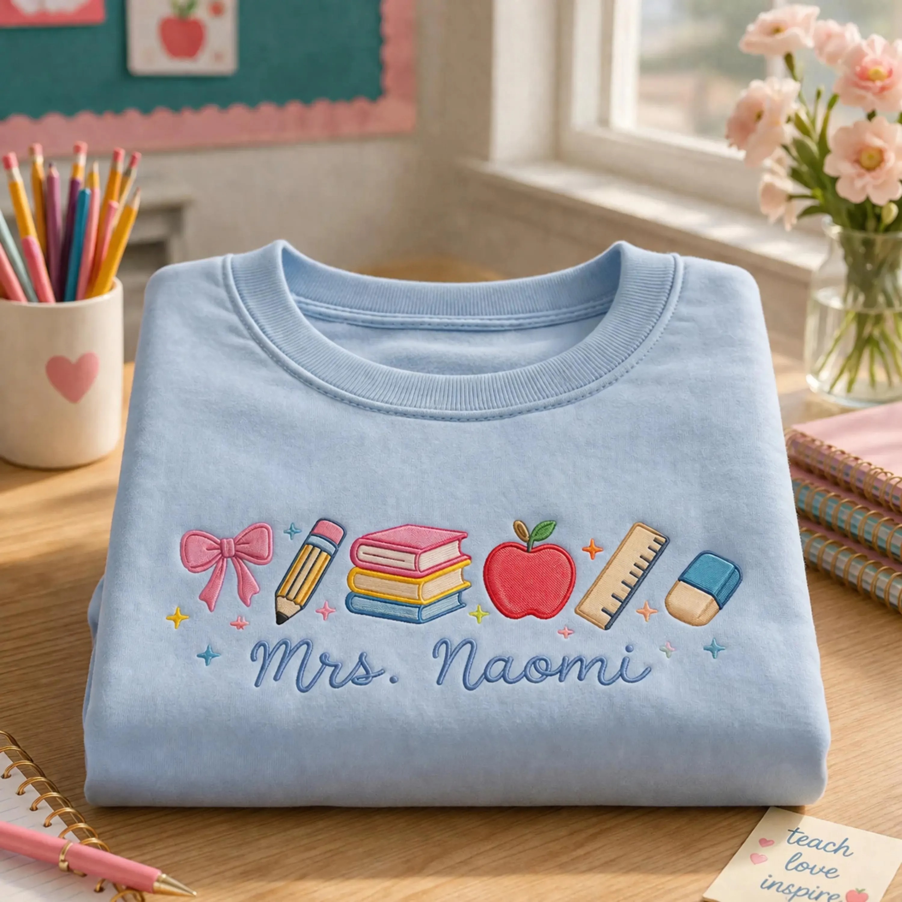 Embroidered Teacher Sweatshirt, Personalized Name, School Supplies Theme 