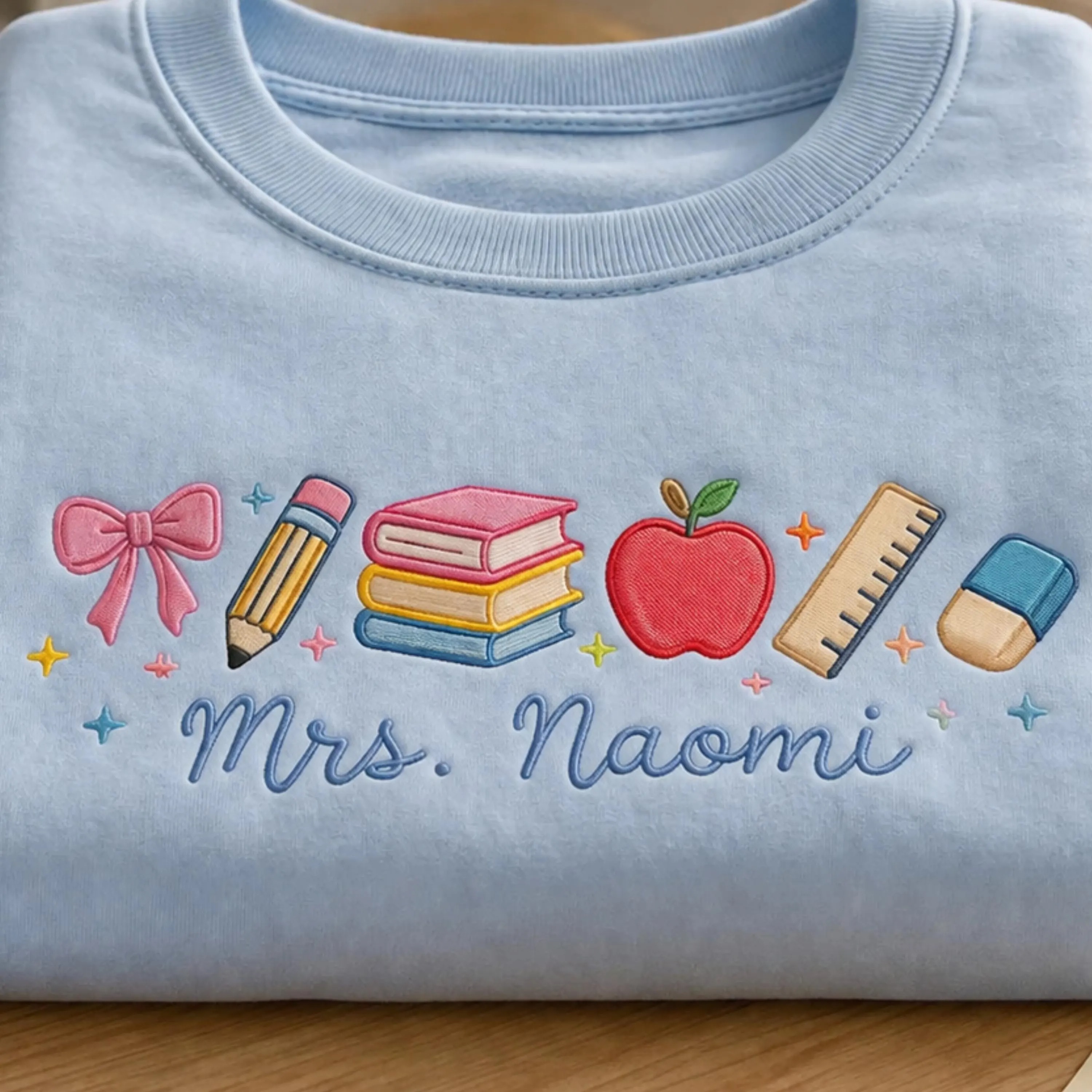 Embroidered Teacher Sweatshirt, Personalized Name, School Supplies Theme 