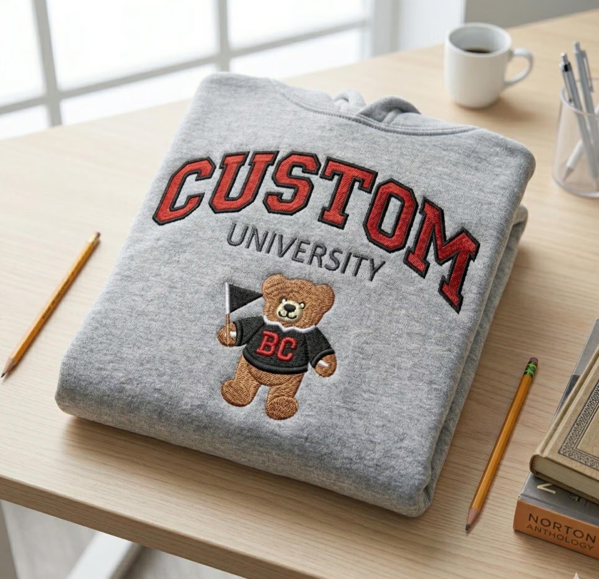 Embroidered Teddy Bear University Hoodie