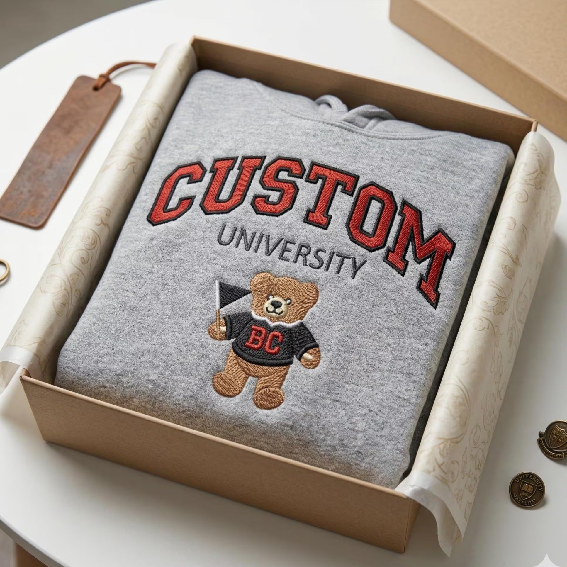 Embroidered Teddy Bear University Hoodie