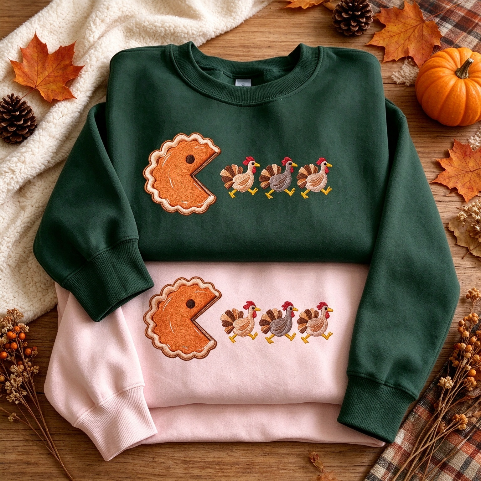 Funny Thanksgiving Pie Turkey Embroidered Sweatshirt