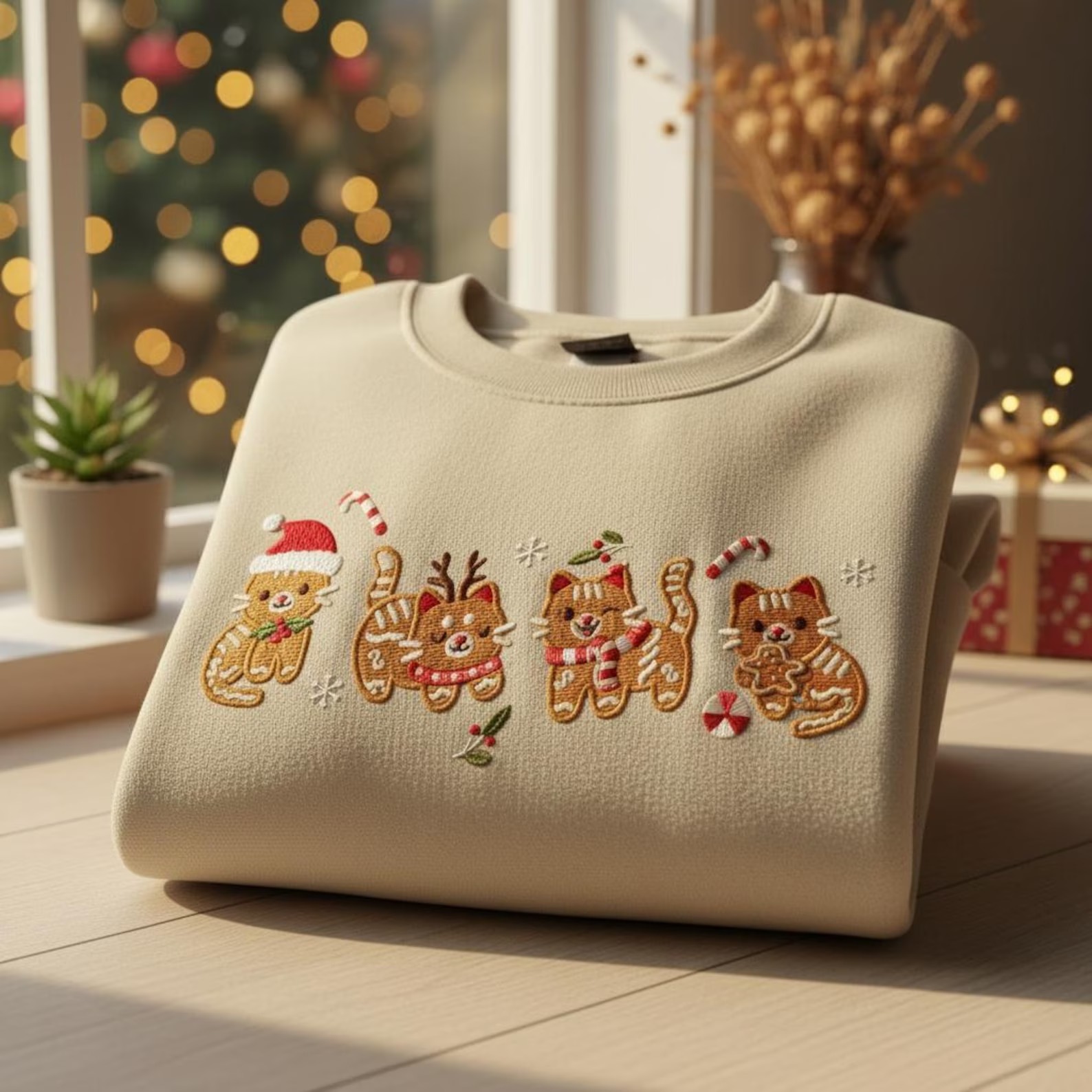 Gingerbread Cat Embroidered Sweatshirt, Christmas Holiday Crewneck