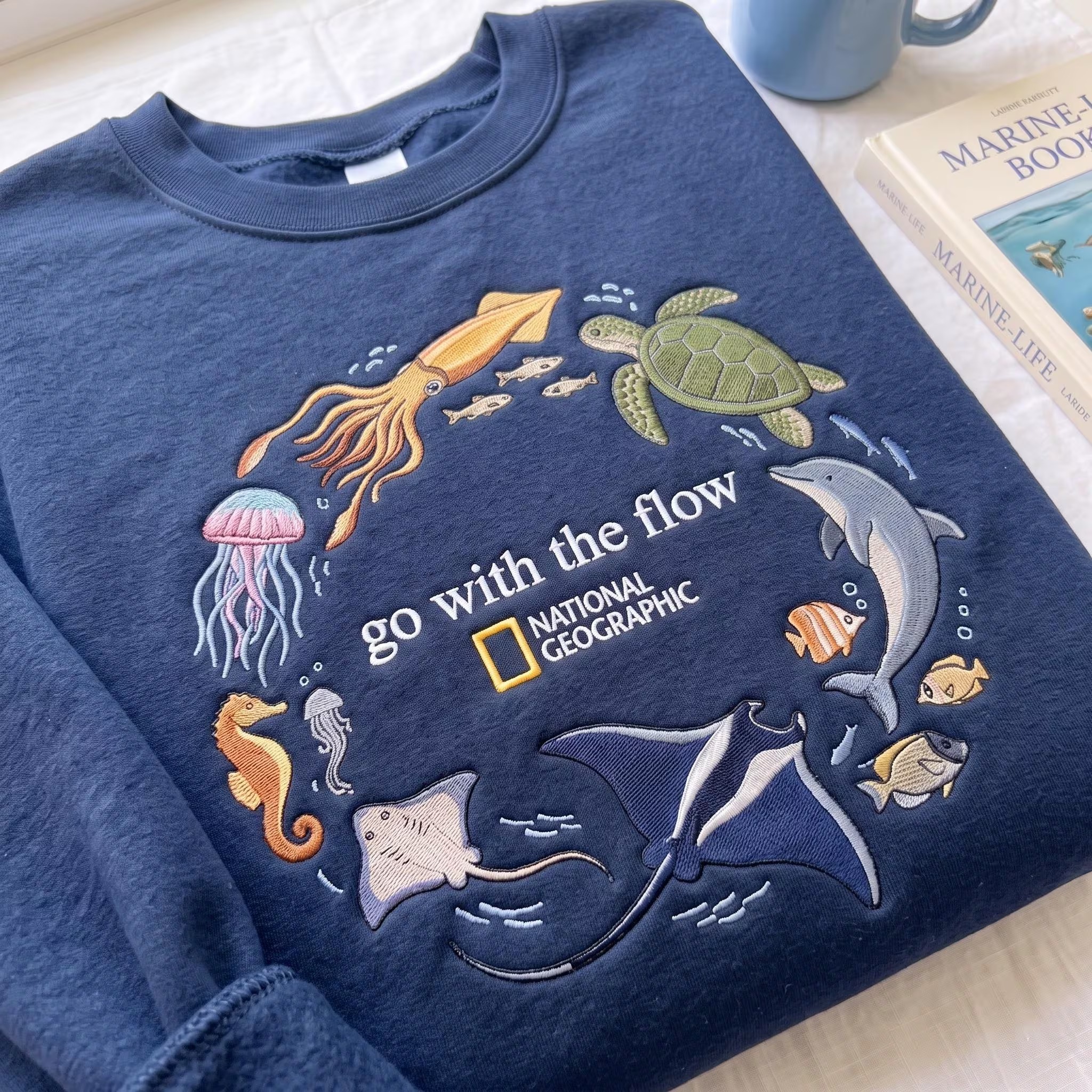 Go With The Flow Marine Life Embroidered  Sweatshirt