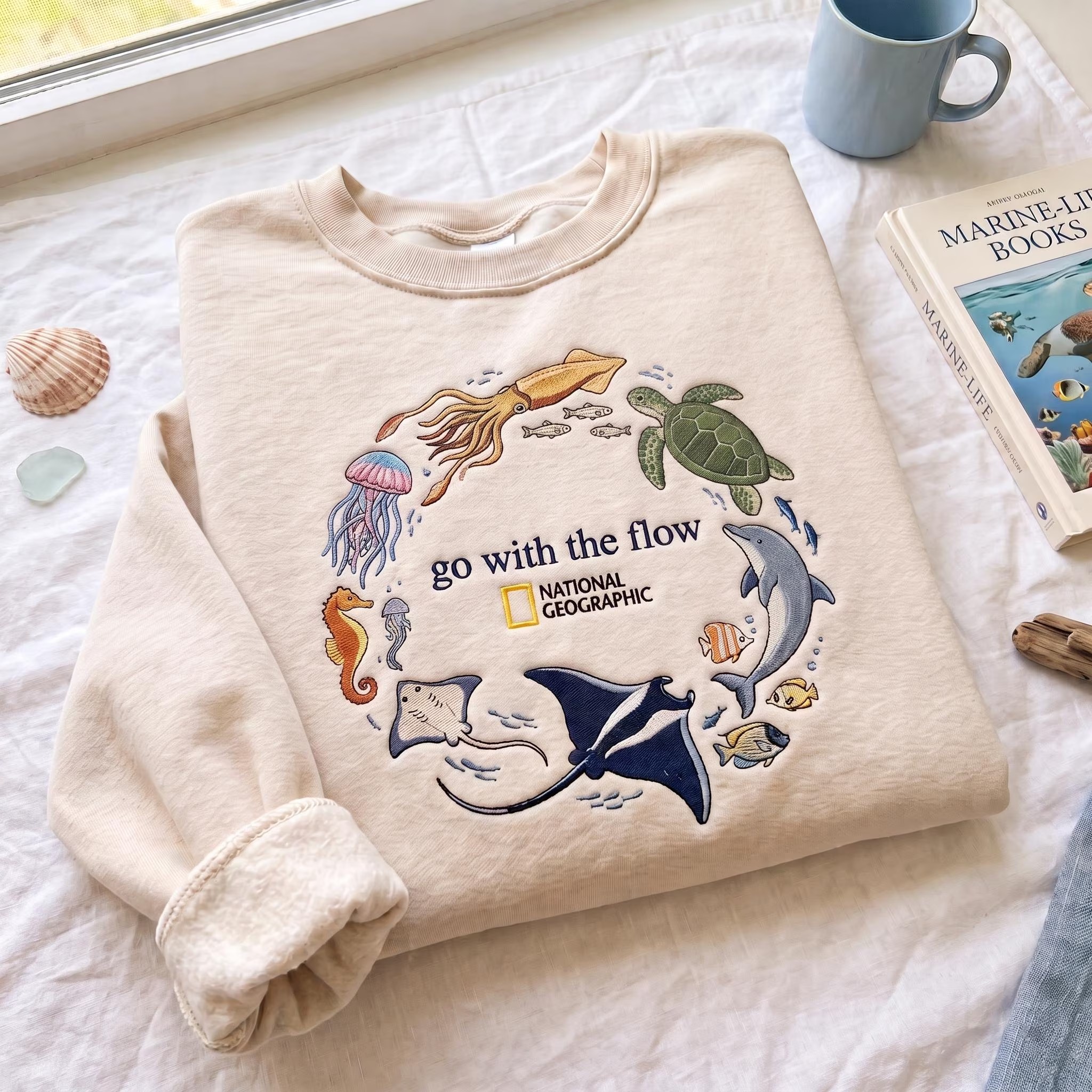 Go With The Flow Marine Life Embroidered  Sweatshirt