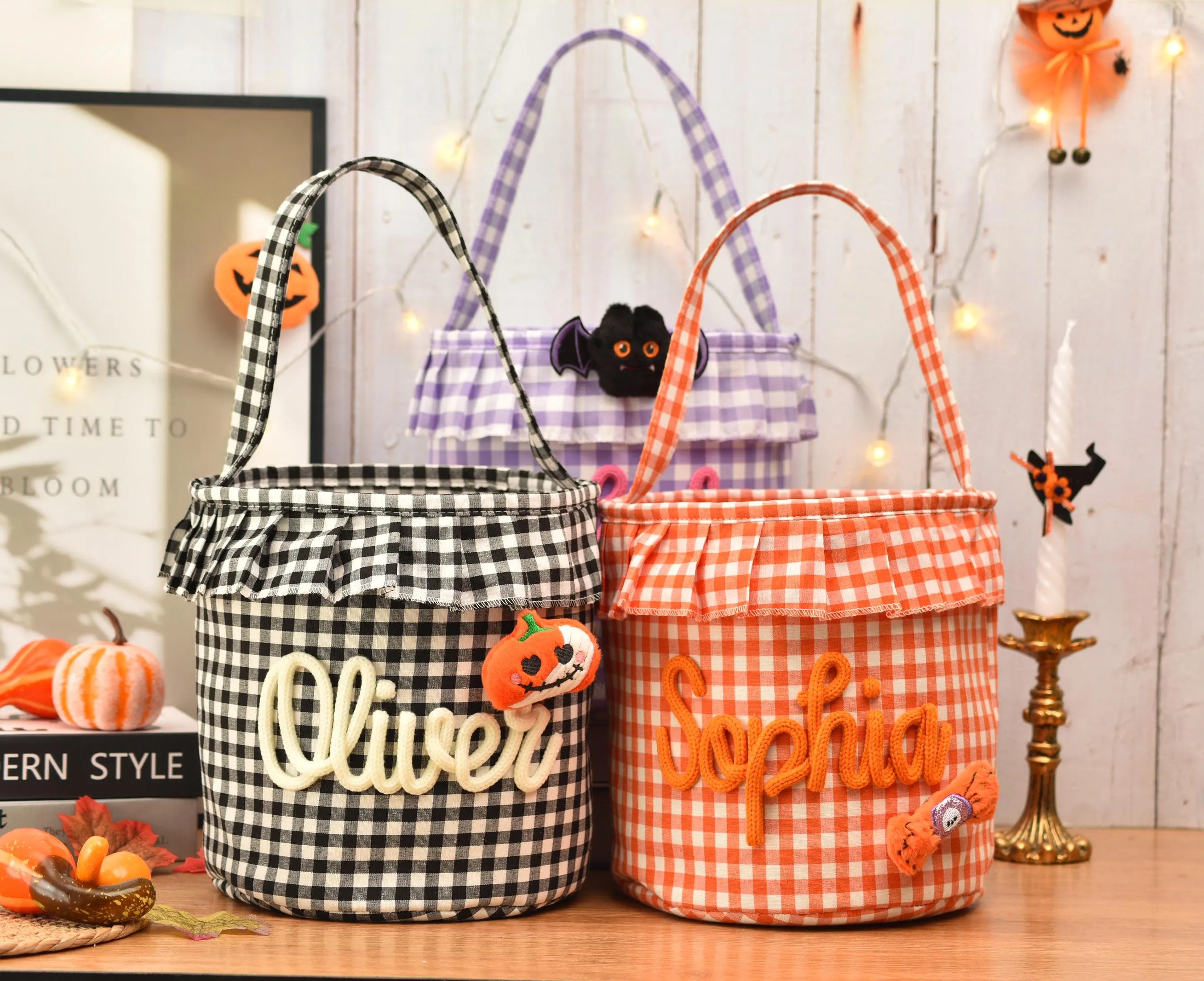 Halloween Basket Ruffle Personalized,Plaid Trick or Treat Bag with Custom Name