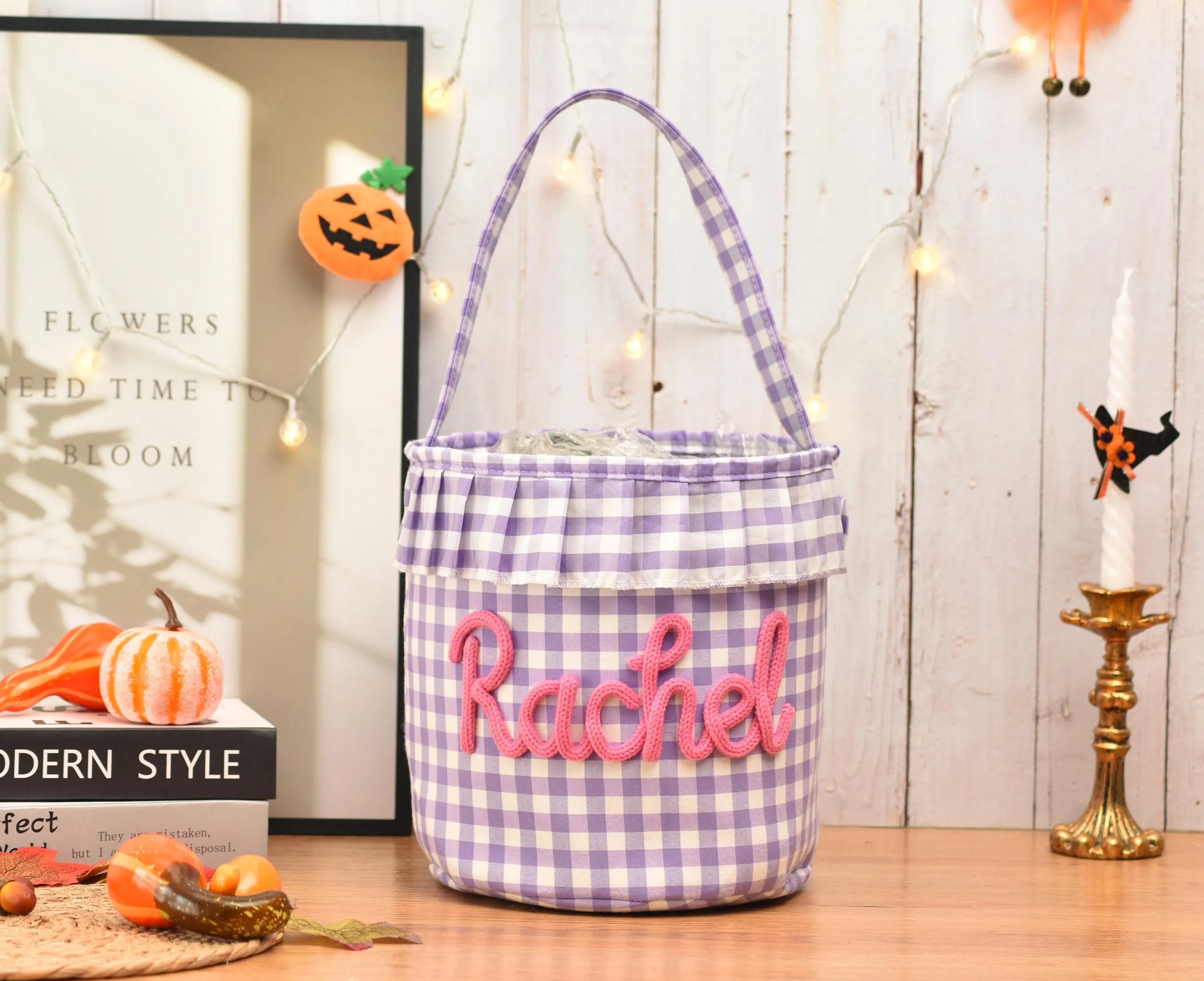 Halloween Basket Ruffle Personalized,Plaid Trick or Treat Bag with Custom Name