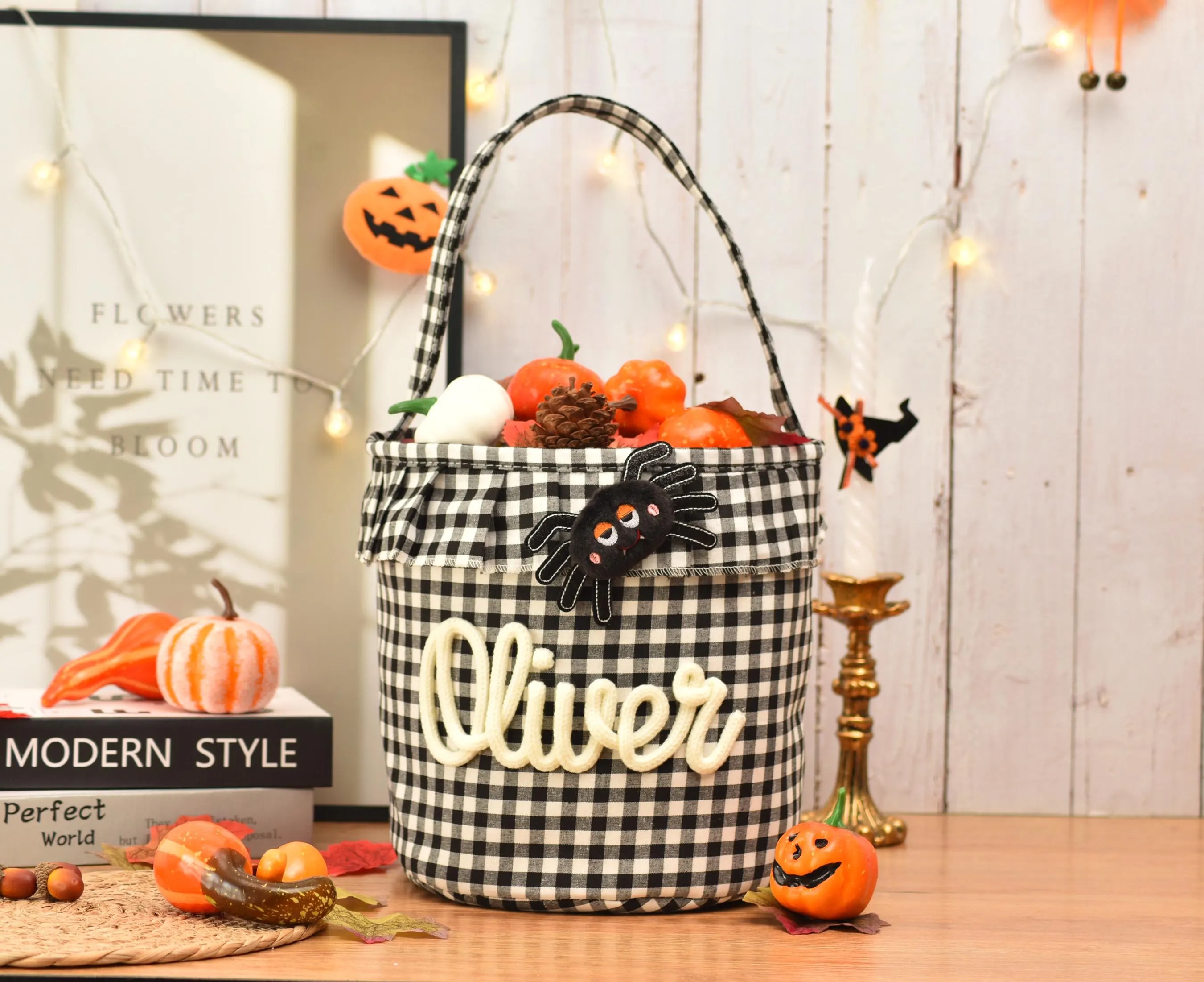Halloween Basket Ruffle Personalized,Plaid Trick or Treat Bag with Custom Name