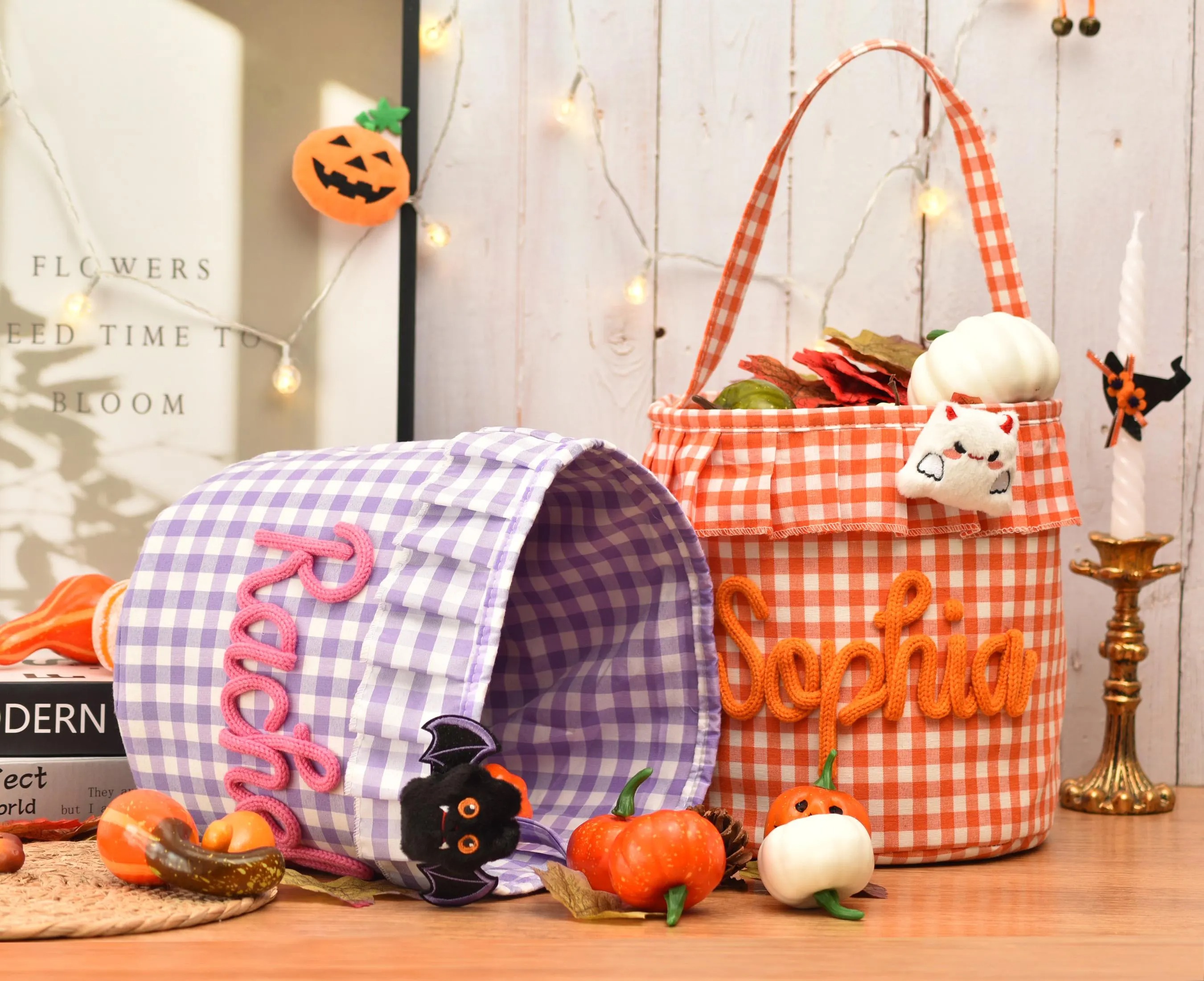 Halloween Basket Ruffle Personalized,Plaid Trick or Treat Bag with Custom Name