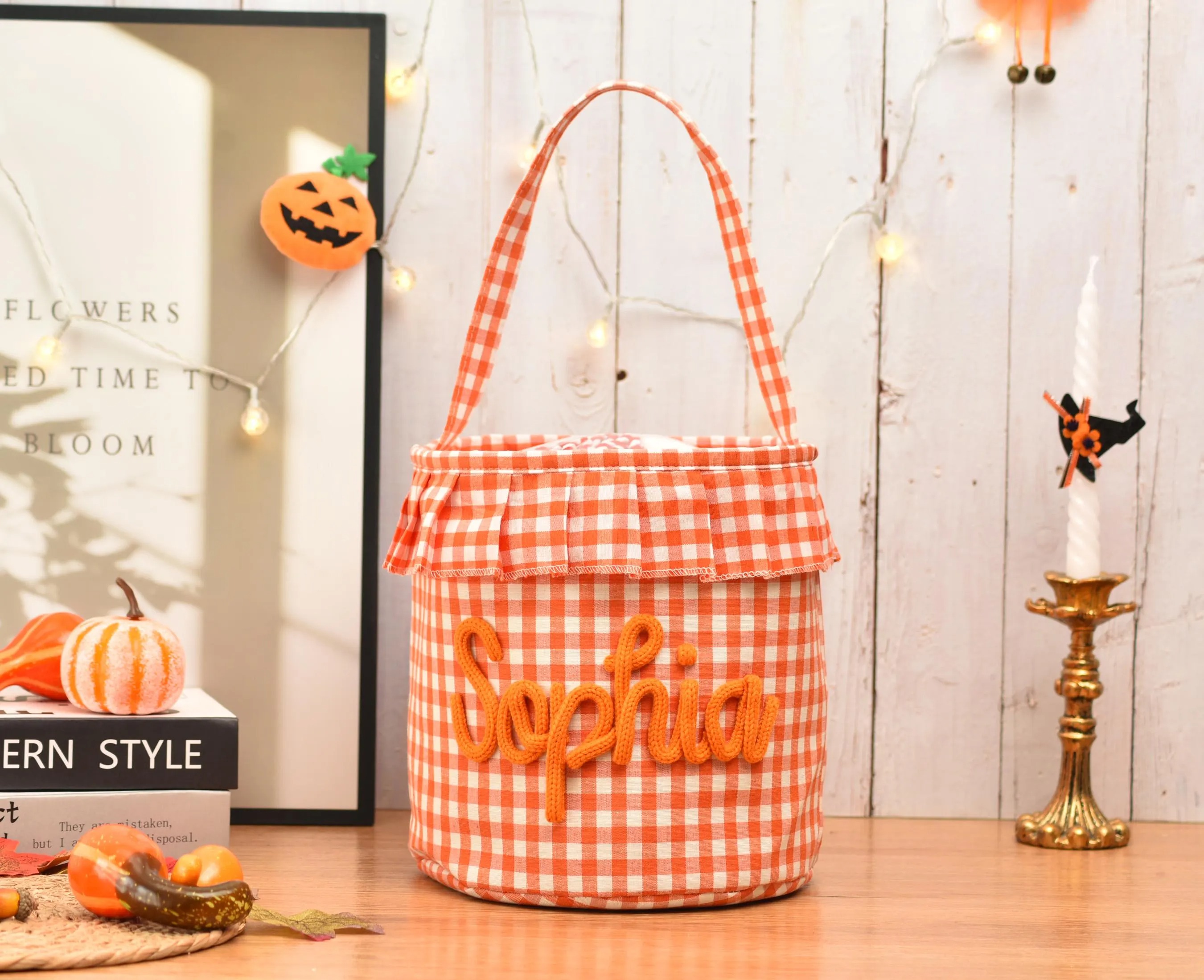 Halloween Basket Ruffle Personalized,Plaid Trick or Treat Bag with Custom Name